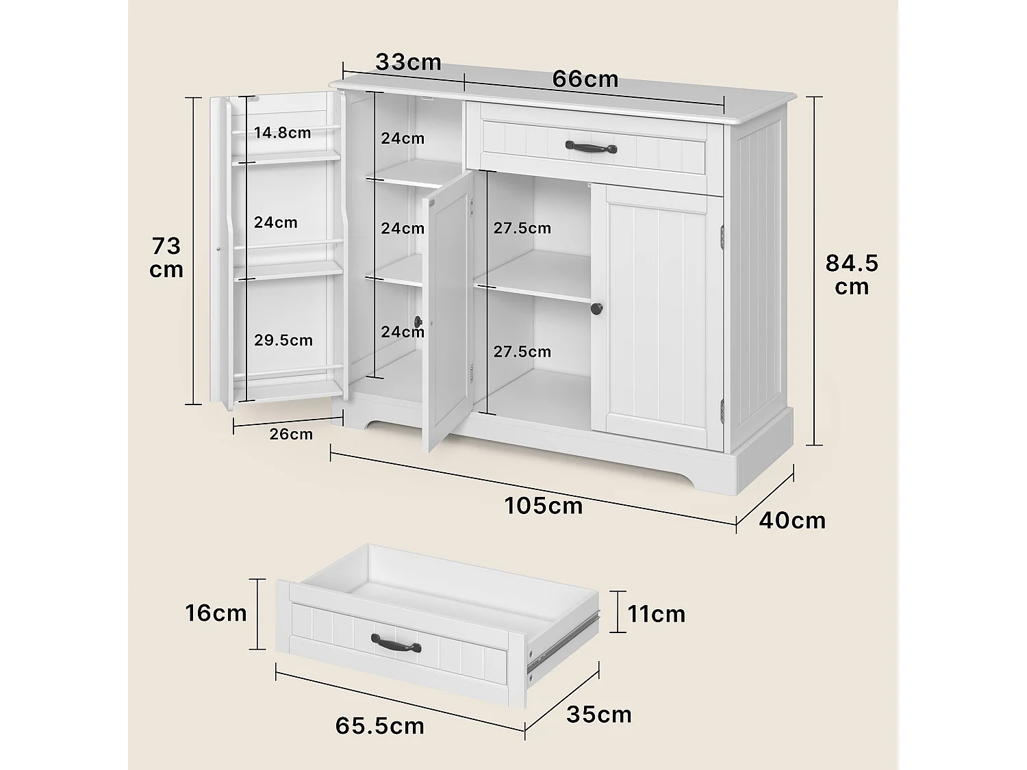 Buffet de Cuisine 3 Portes 1 Tiroir 105 x 40 x 84.5 cm Blanc
