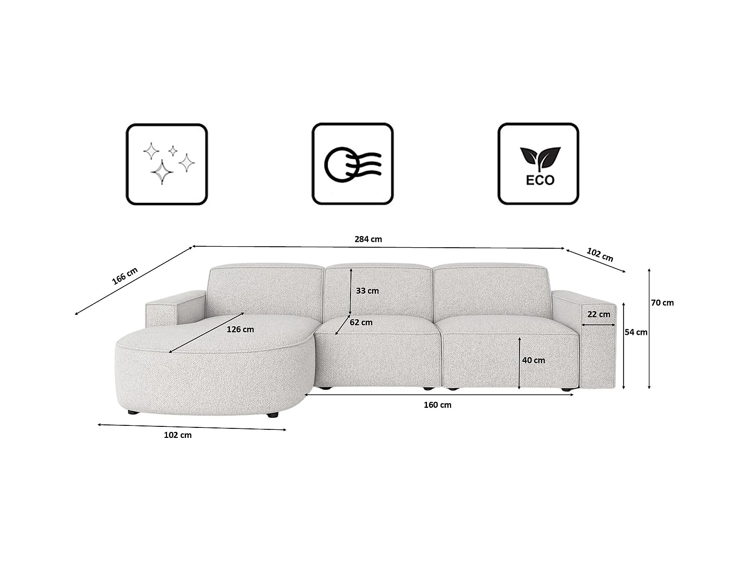 Ecksofa L-Form Round Cursal, Stoff Artico, Nata, Links