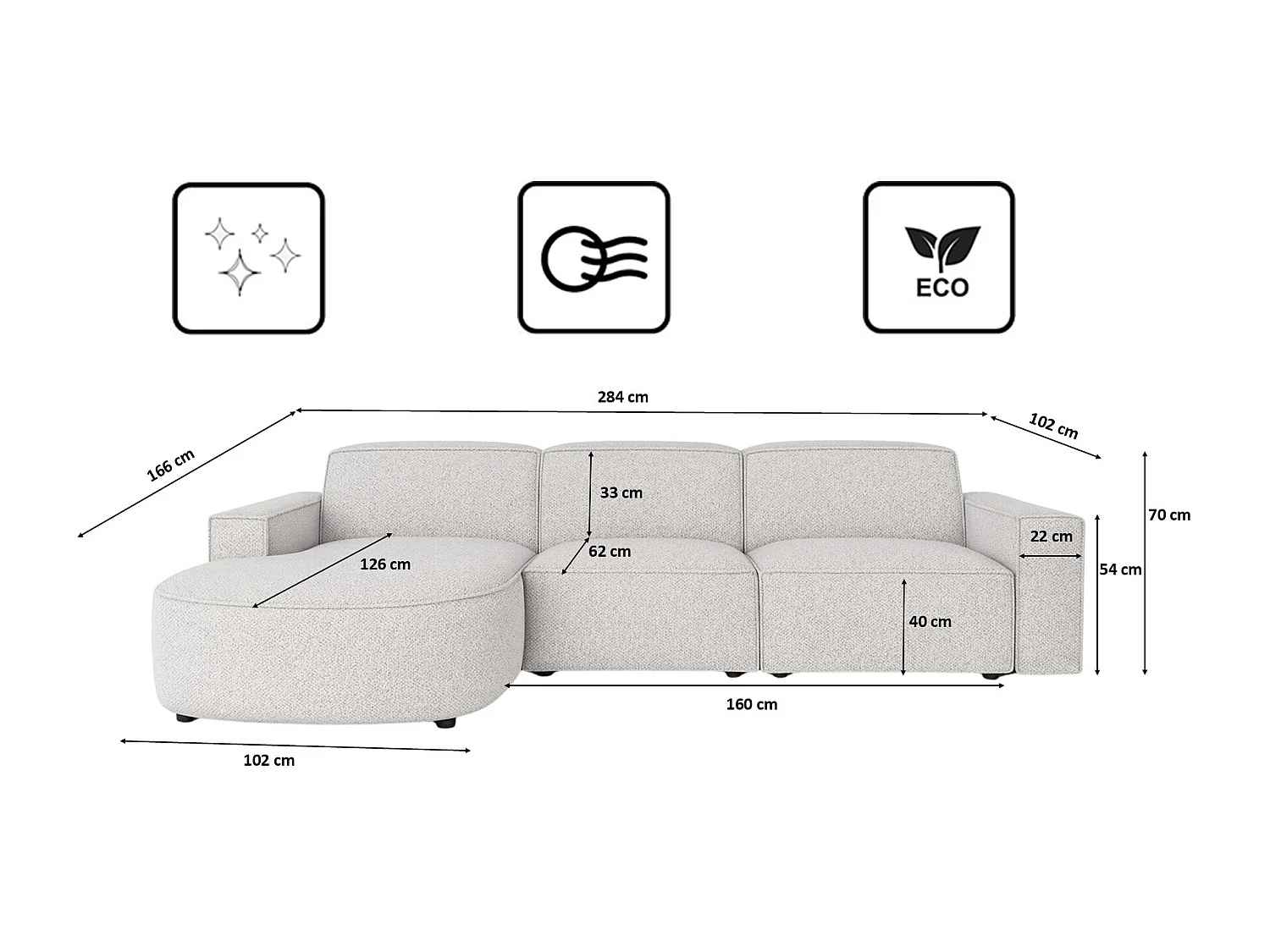 Hoekbank L-vorm Round Cursal, stof Artico, nata, links