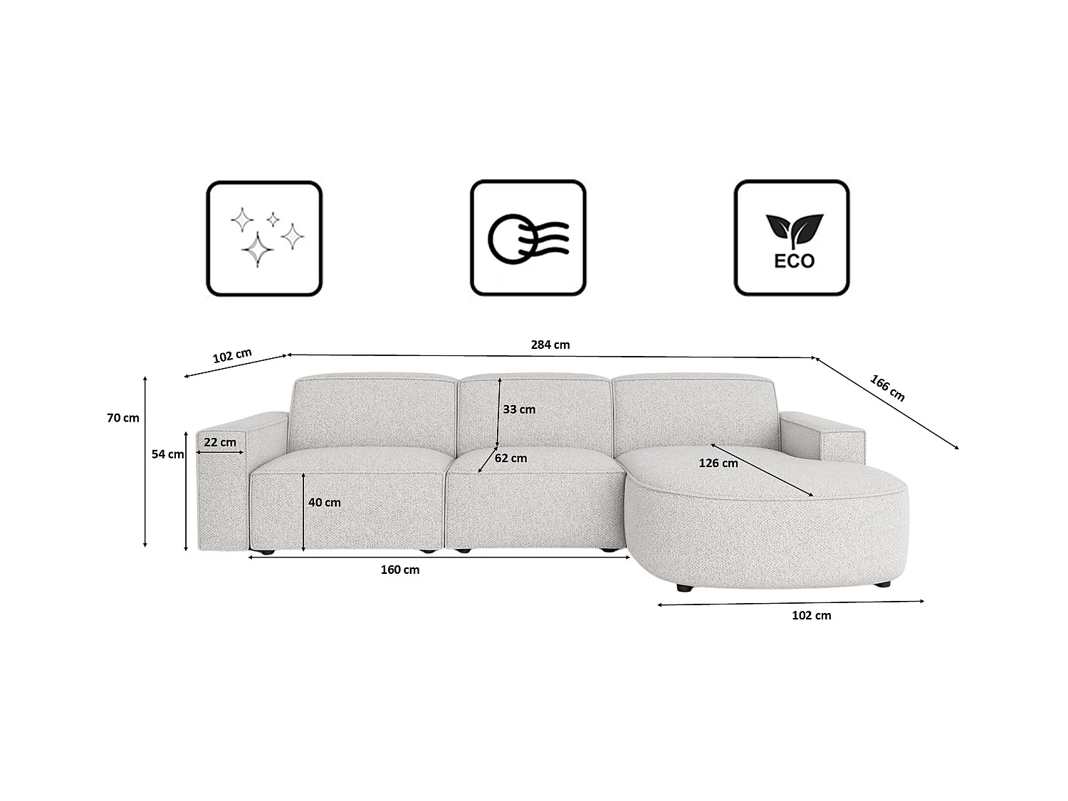 Ecksofa L-Form Round Cursal, Stoff Artico, Nata, Rechts