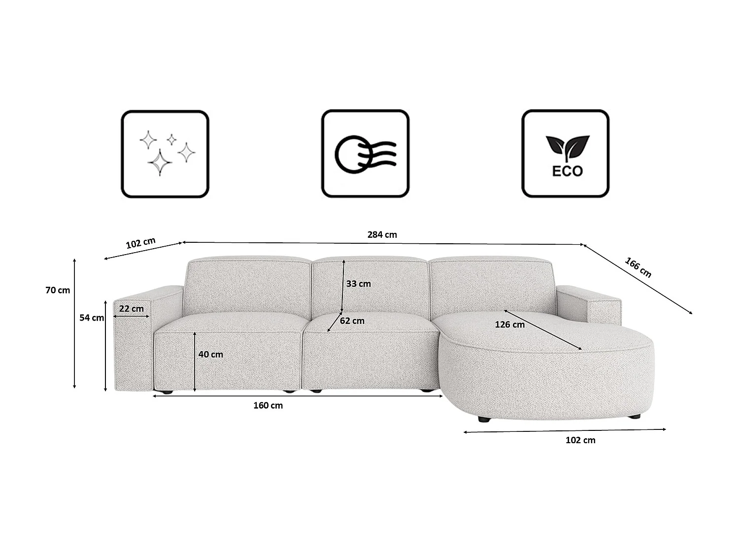 Hoekbank L-vorm Round Cursal, stof Artico, nata, rechts