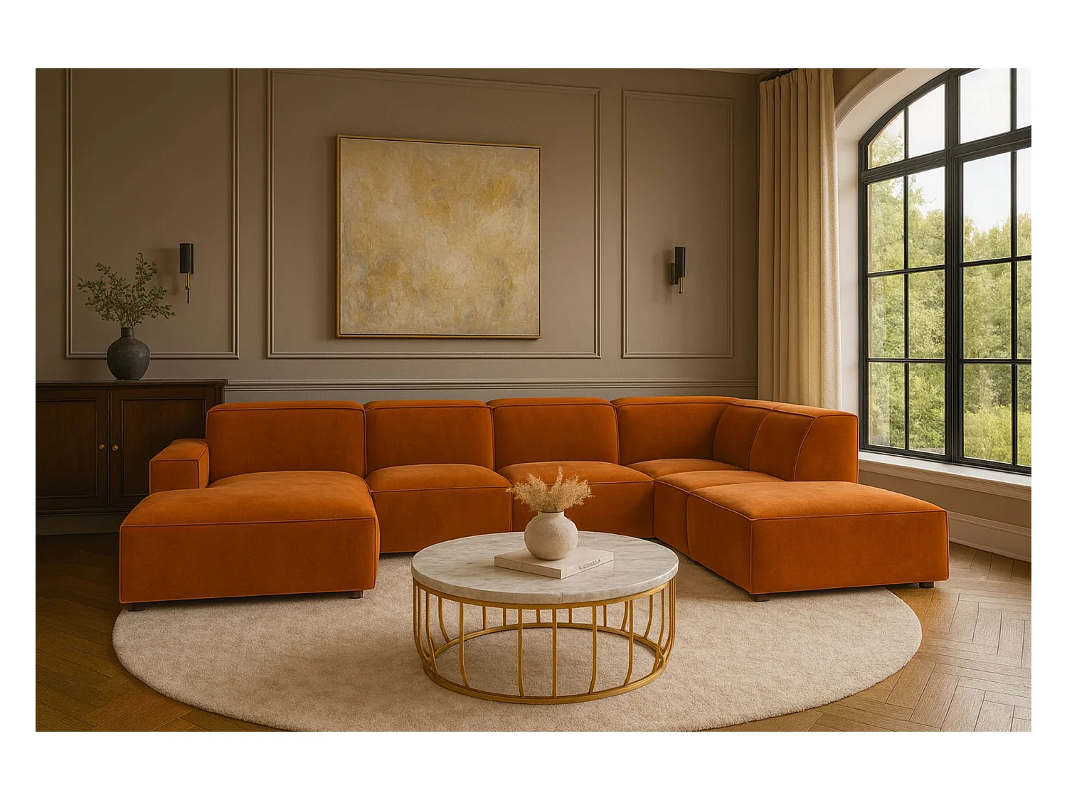 Canapé d'angle en U Cursal V, tissu Salvador, marron, droit