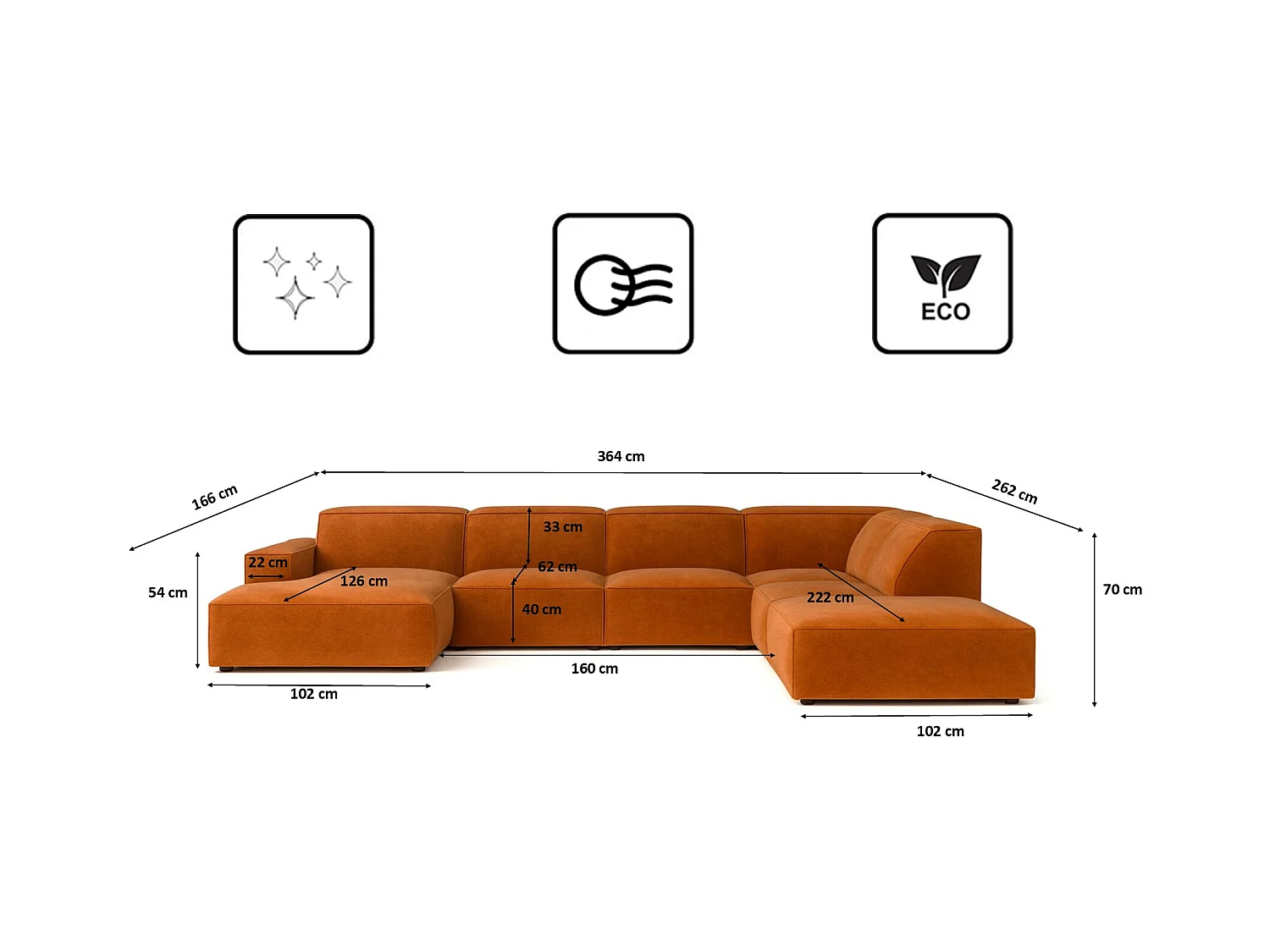 Canapé d'angle en U Cursal V, tissu Salvador, marron, droit