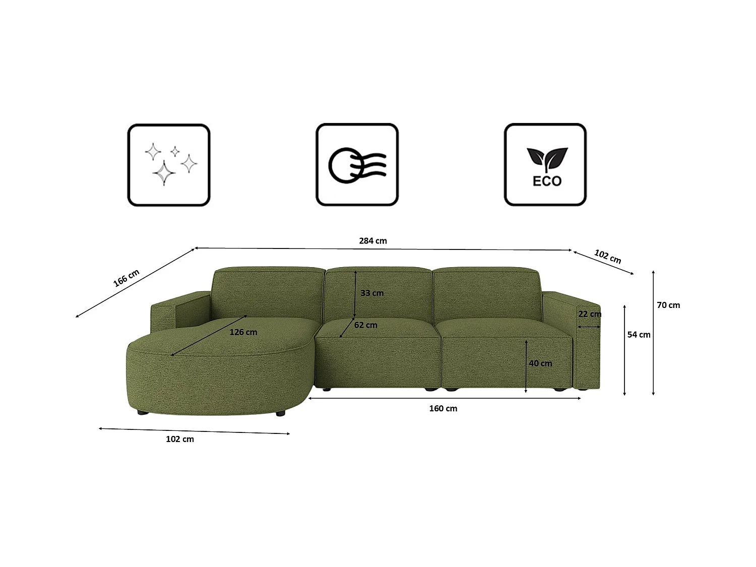Canapé d'angle L-form Round Cursal, tissu Artico, Moss, gauche
