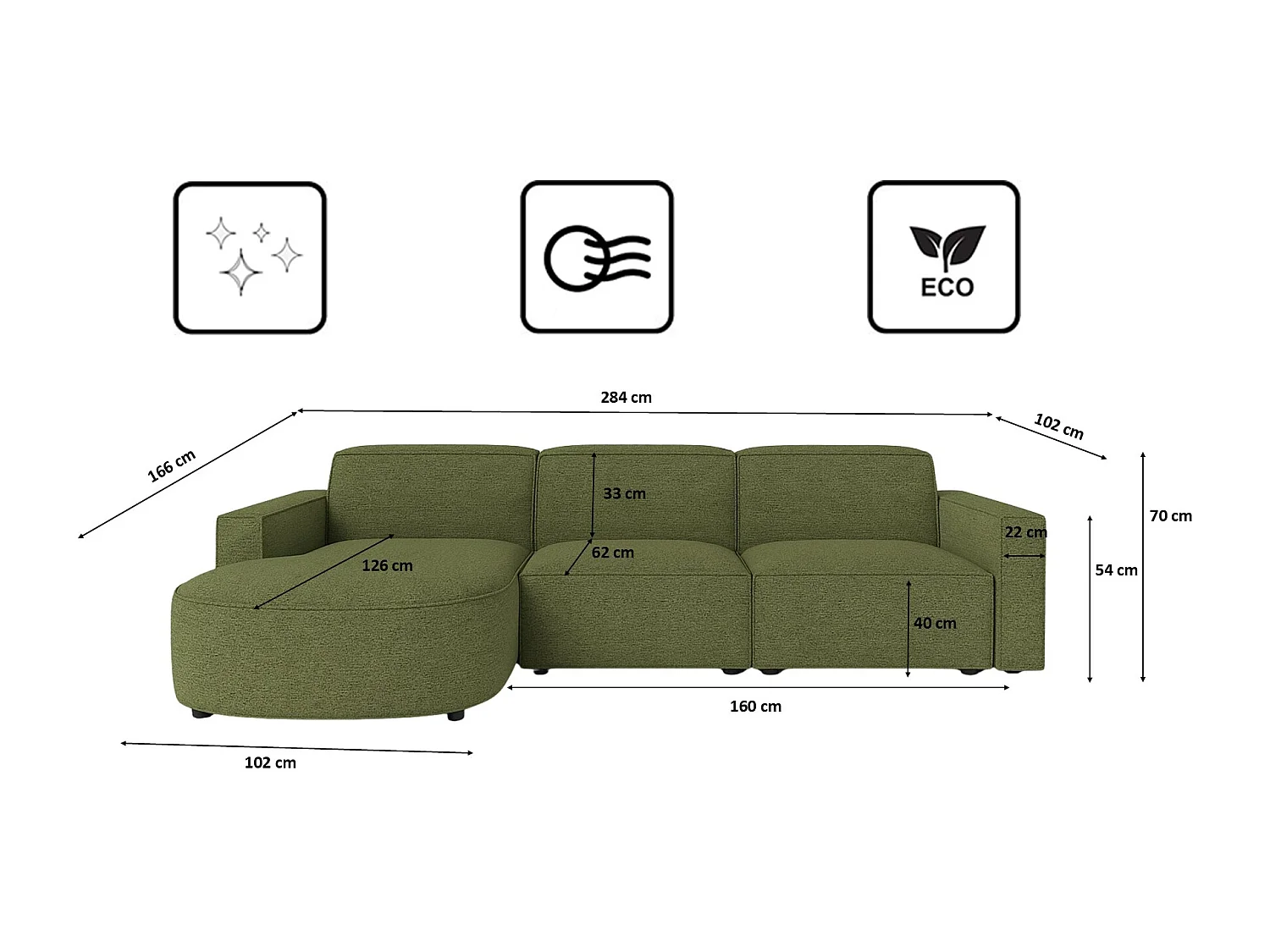 Ecksofa L-Form Round Cursal, Stoff Artico, Moss, Links