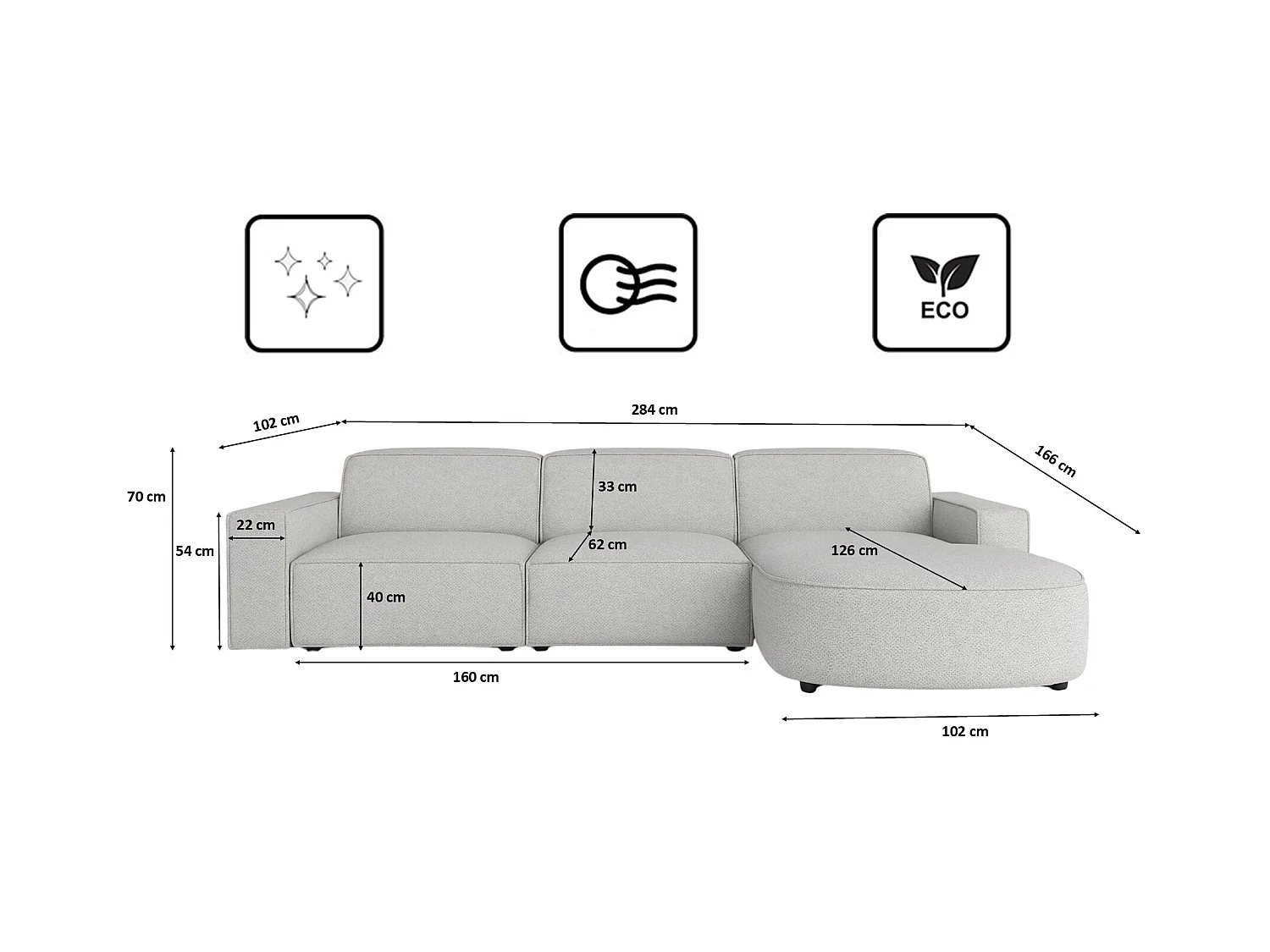 Ecksofa L-Form Round Cursal, Stoff Artico, Cement, Rechts