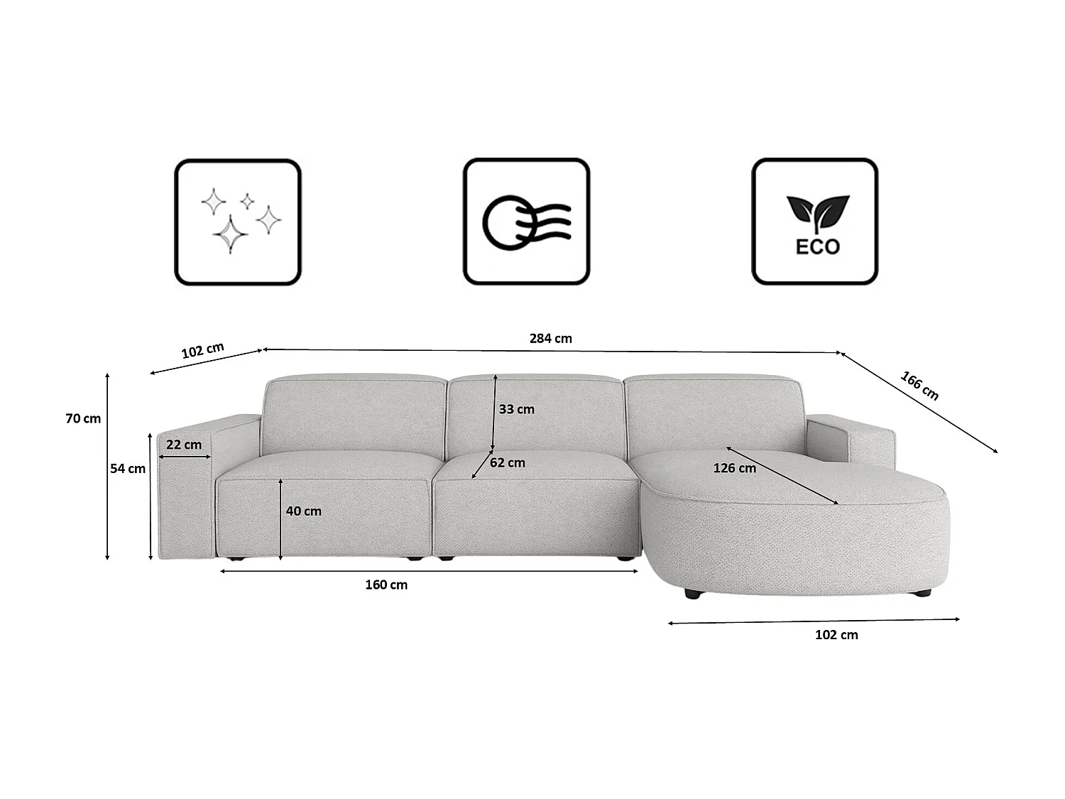 Hoekbank L-vorm Round Cursal, stof Artico, cement, rechts
