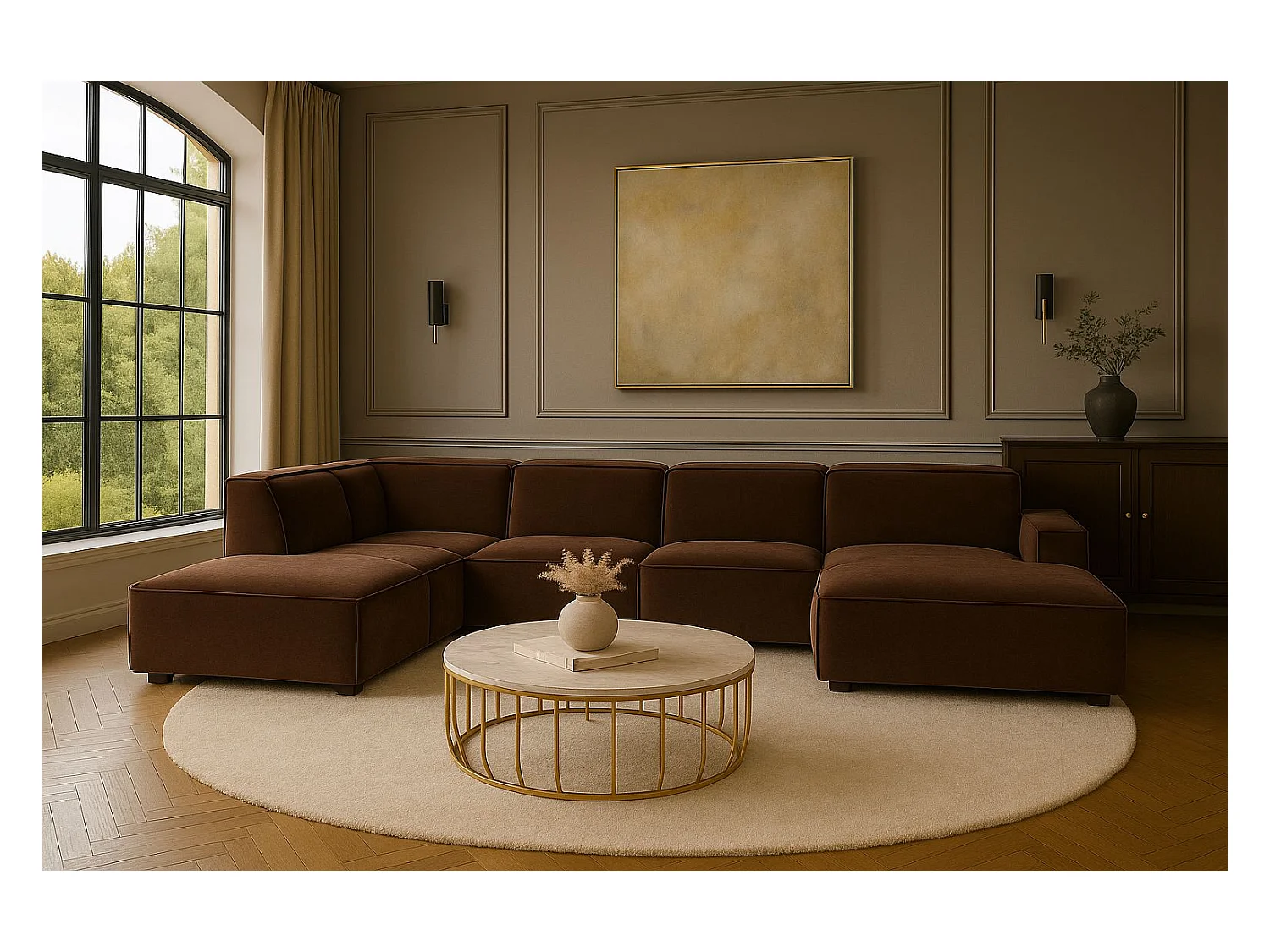 Canapé d'angle en U Cursal V, tissu Salvador, marron foncé, gauche