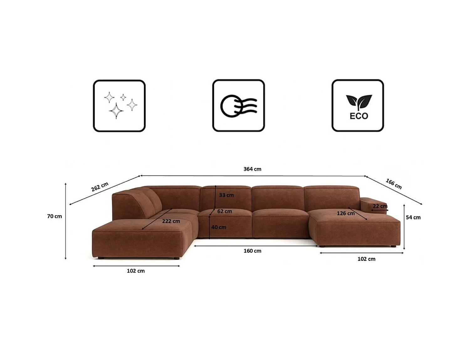 Ecksofa U-Form Cursal V, Stoff Salvador, Dunkelbraun, Links