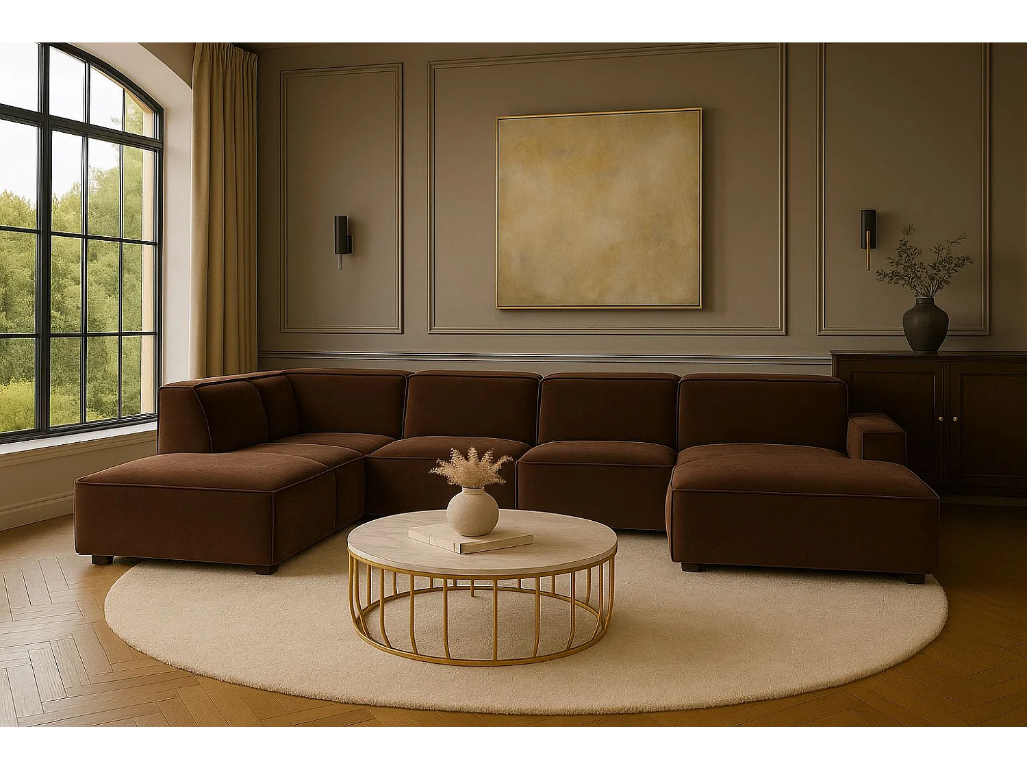 Canapé d'angle en U Cursal V, tissu Salvador, marron foncé, gauche