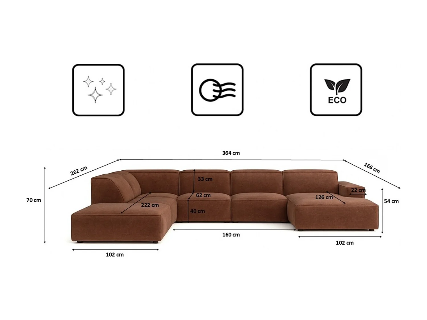 Canapé d'angle en U Cursal V, tissu Salvador, marron foncé, gauche