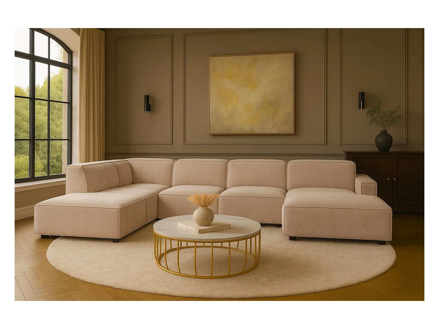 Canapé d'angle en U Cursal V, tissu Salvador, beige, gauche