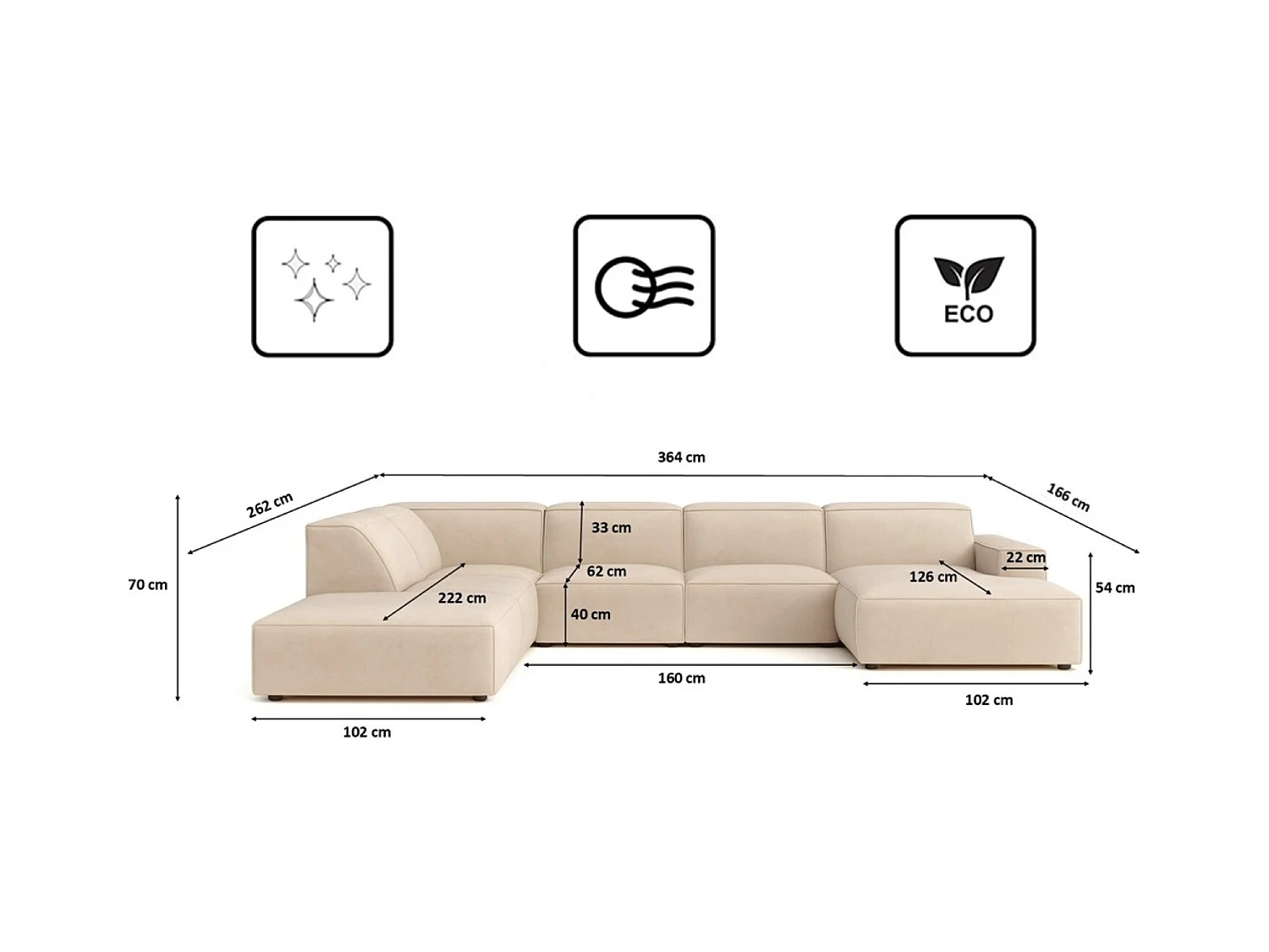 Canapé d'angle en U Cursal V, tissu Salvador, beige, gauche