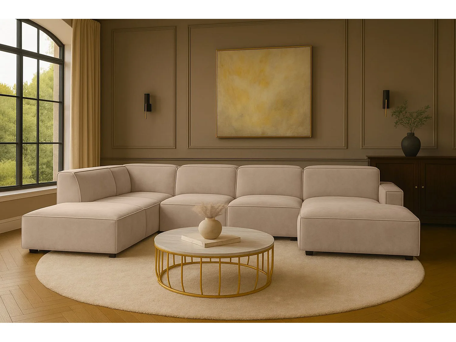 Canapé d'angle en U Cursal V, tissu Salvador, beige, gauche