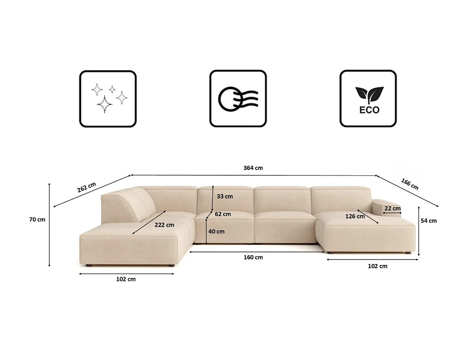 Canapé d'angle en U Cursal V, tissu Salvador, beige, gauche