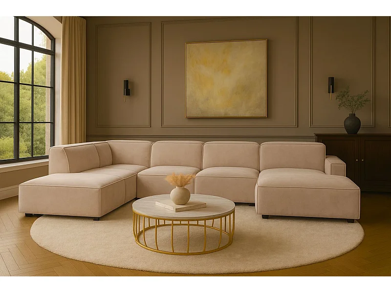 Canapé d'angle en U Cursal V, tissu Salvador, beige, gauche