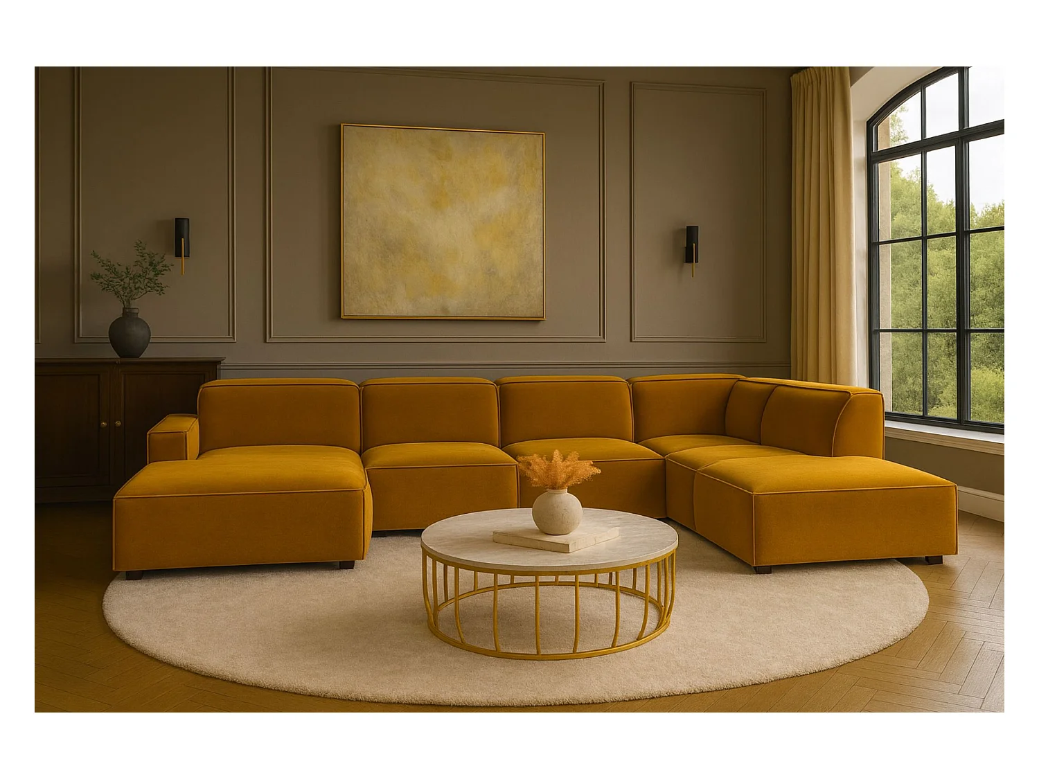 Canapé d'angle en U Cursal V, tissu Salvador, jaune, droit