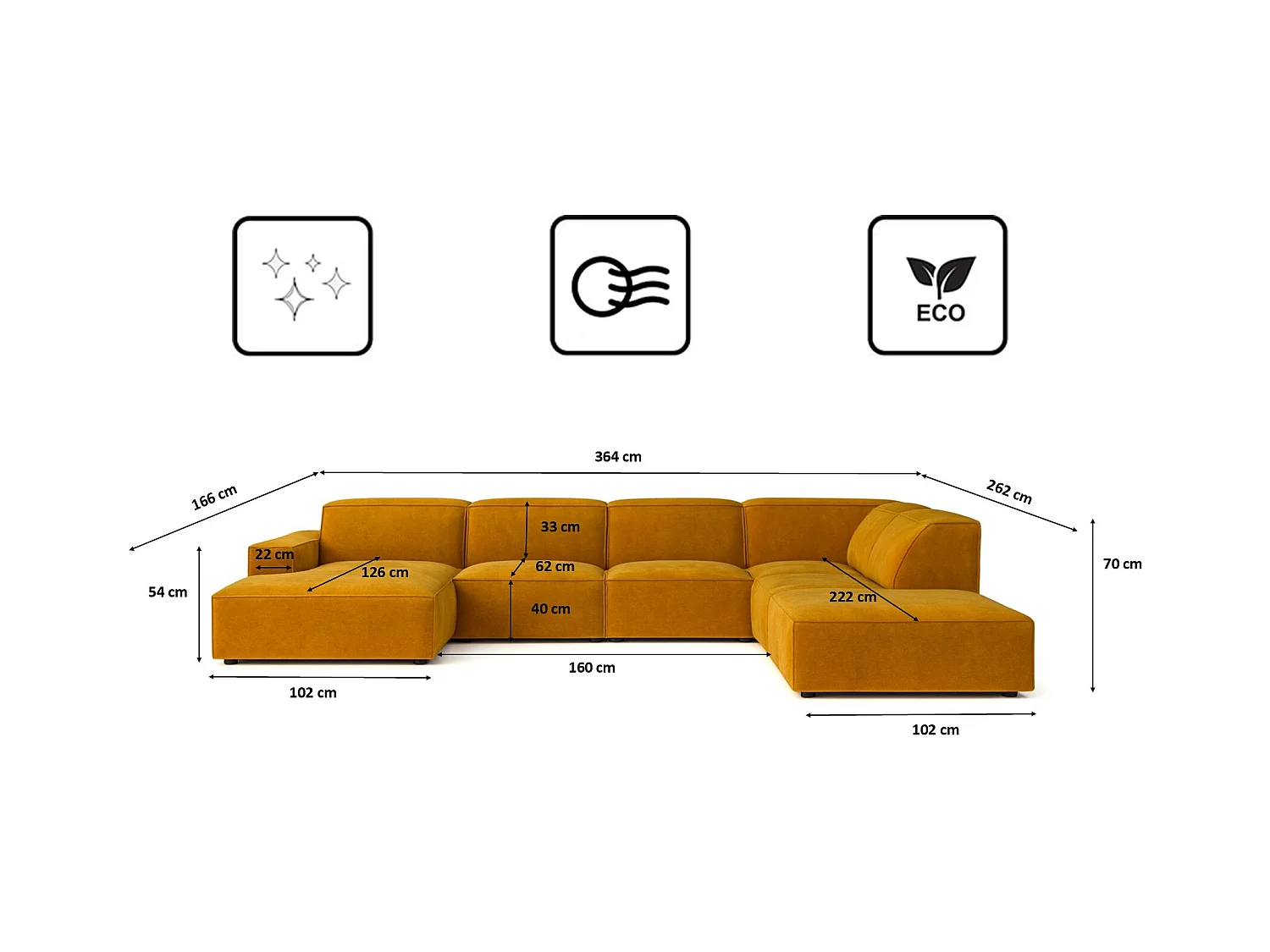 Canapé d'angle en U Cursal V, tissu Salvador, jaune, droit