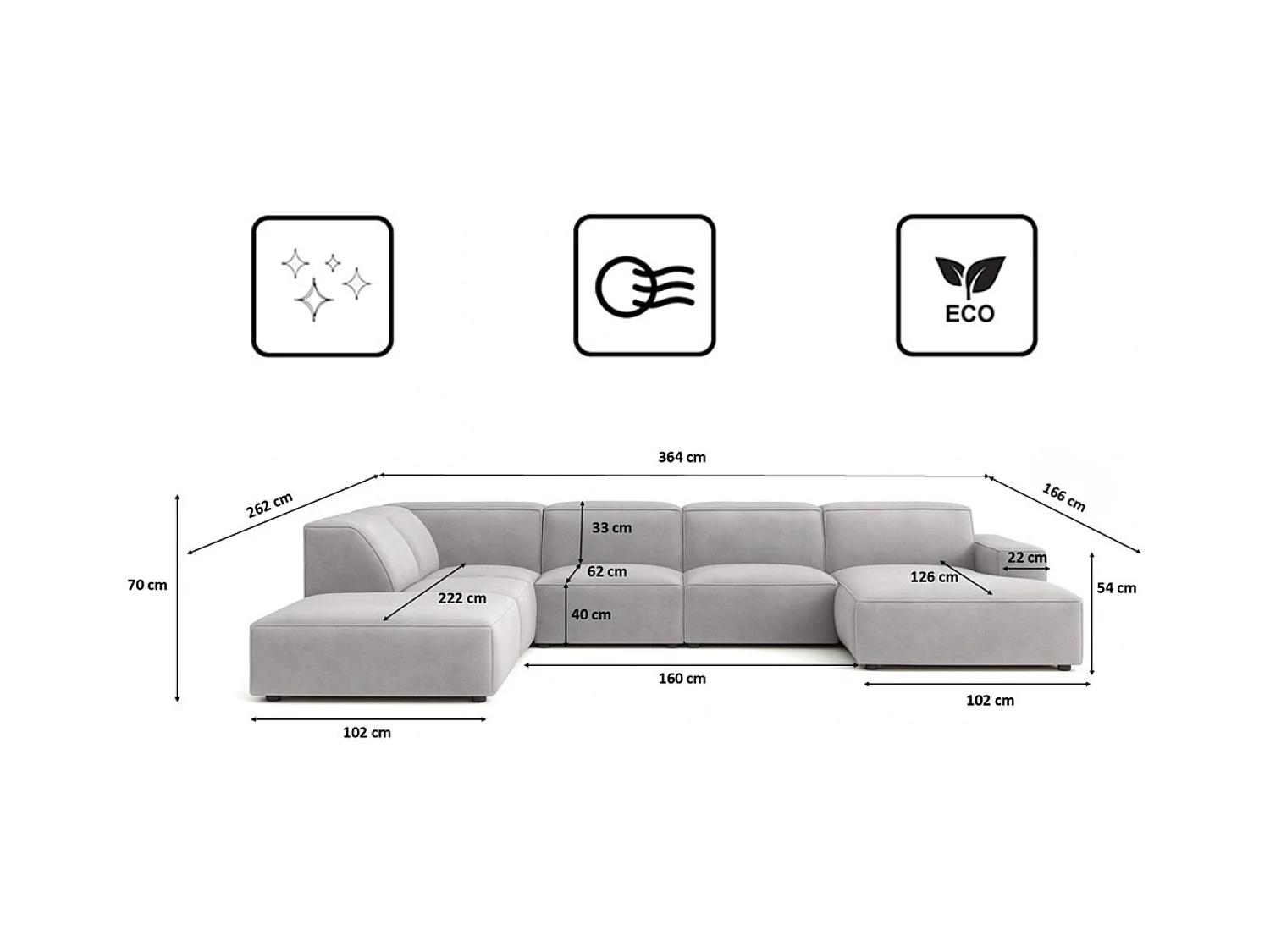 Ecksofa U-Form Cursal V, Stoff Salvador, Grau, Links