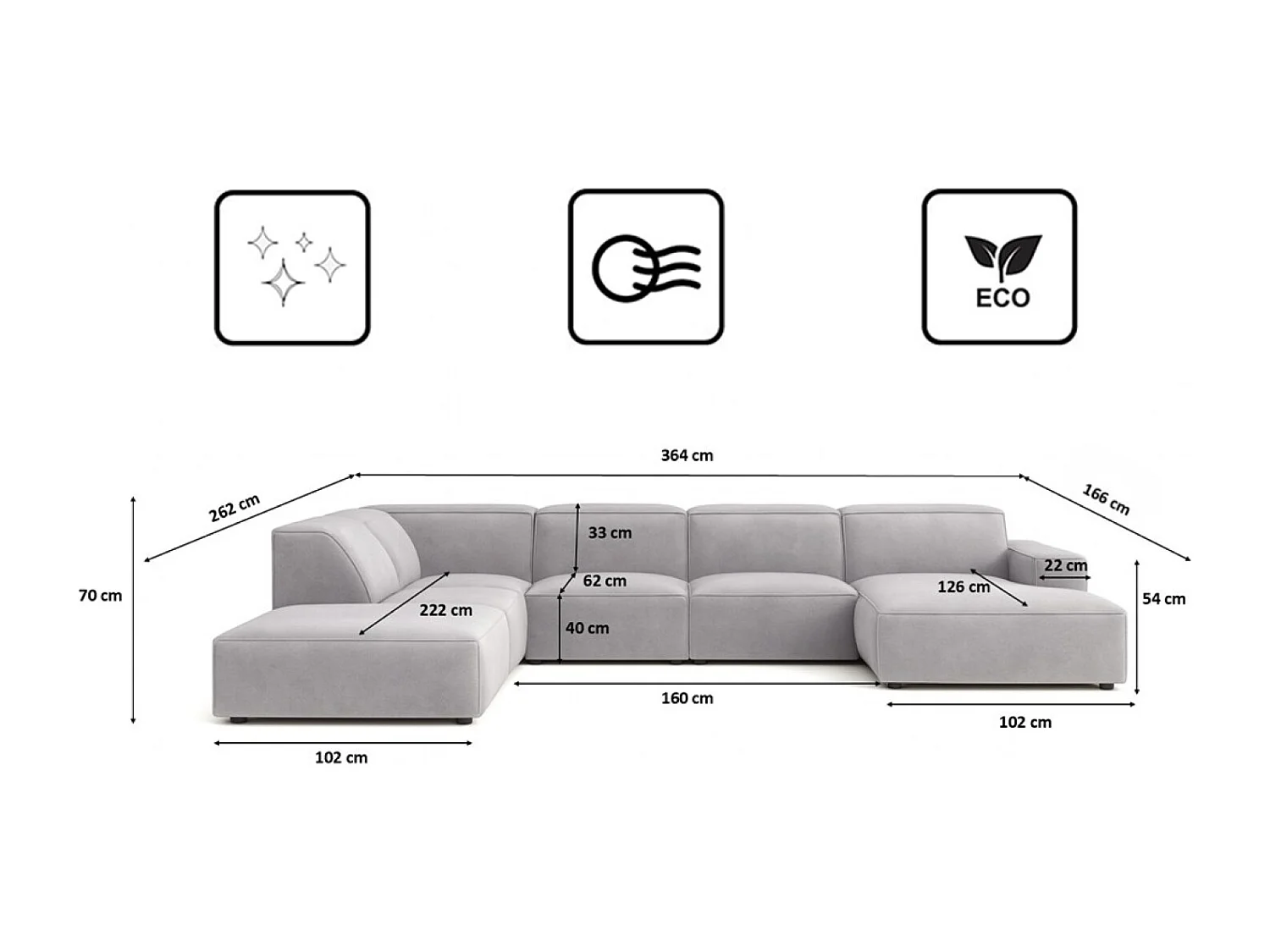 Divano angolare a U Cursal V, tessuto Salvador, grigio, sinistro