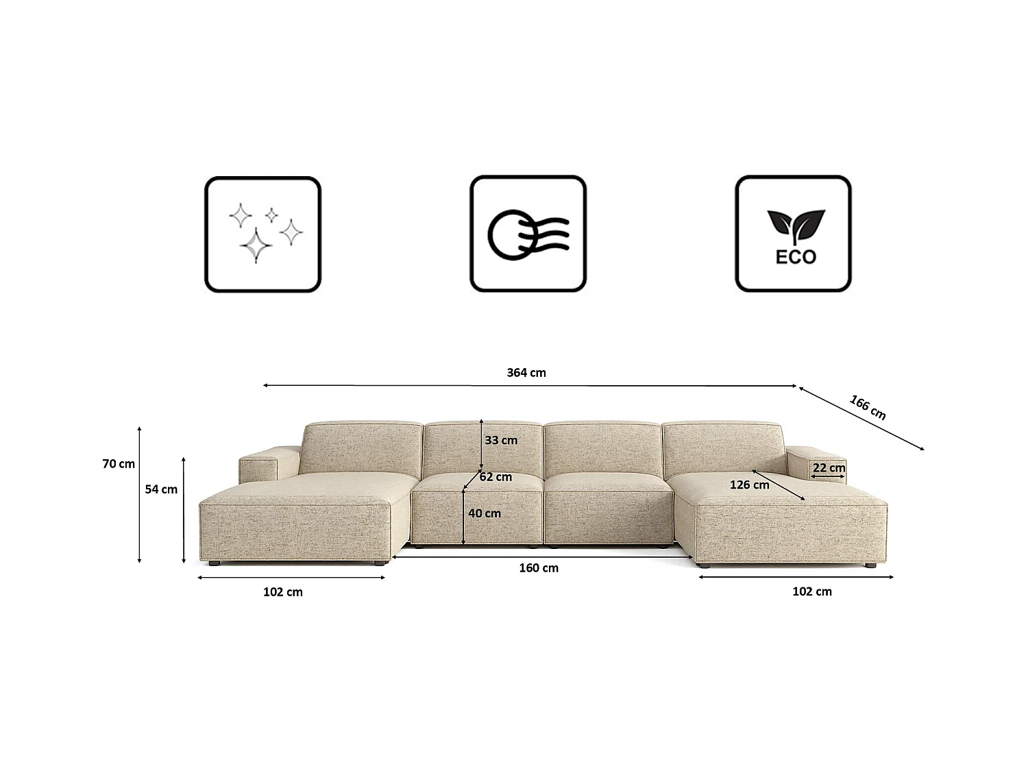 Canapé d'angle en U Cursal, tissu Artico, beige