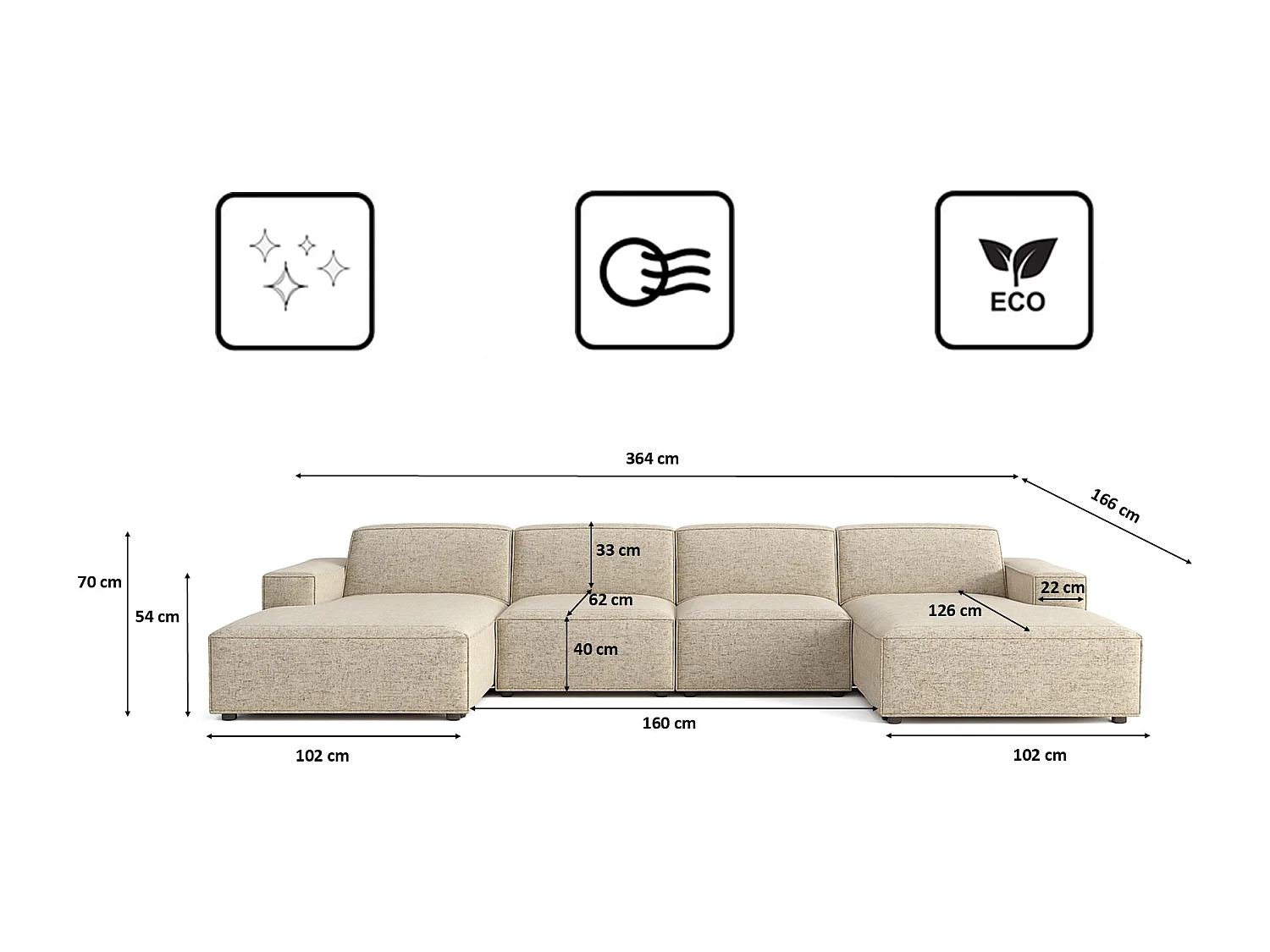 Canapé d'angle en U Cursal, tissu Artico, beige