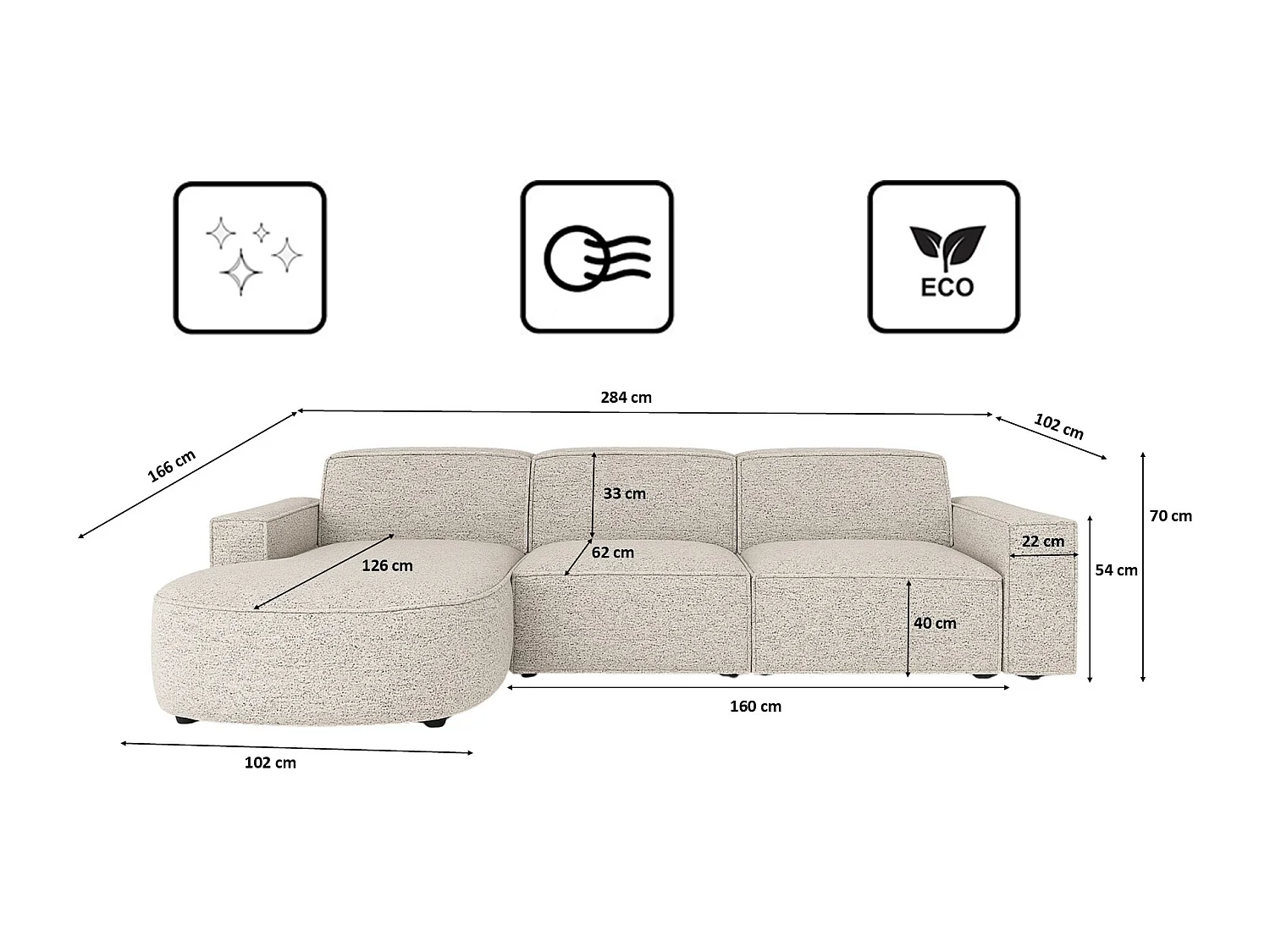 Canapé d'angle en L Round Cursal, tissu Artico, beige, gauche