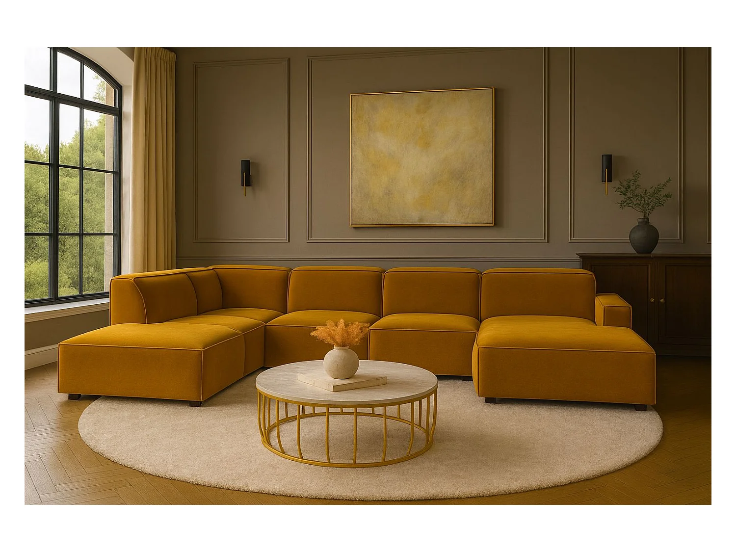 Canapé d'angle en U Cursal V, tissu Salvador, jaune, gauche