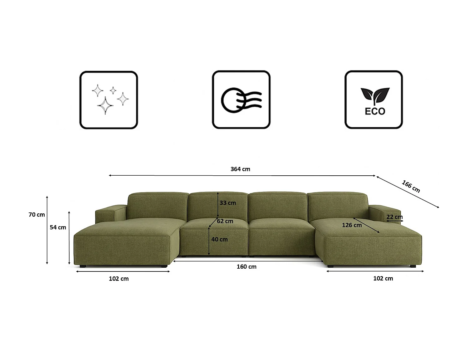 Ecksofa U-Form Cursal, Stoff Artico, Moss