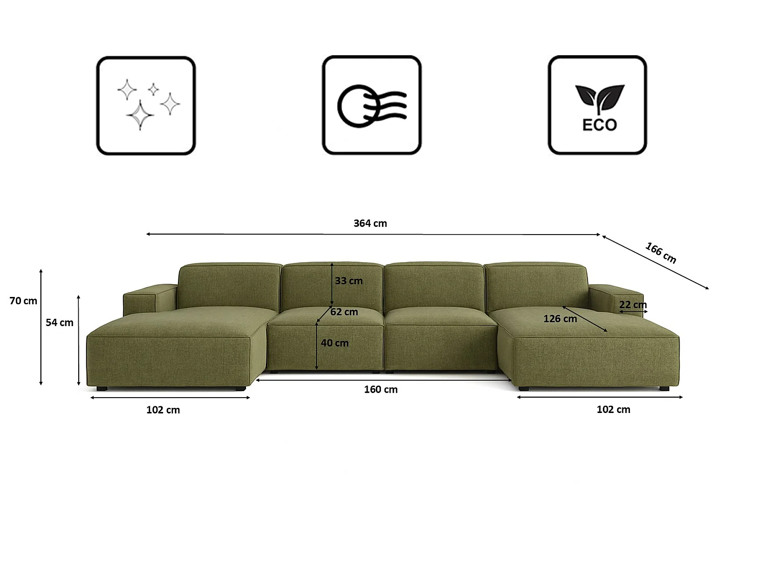 Canapé d'angle en U Cursal, tissu Artico, Moss
