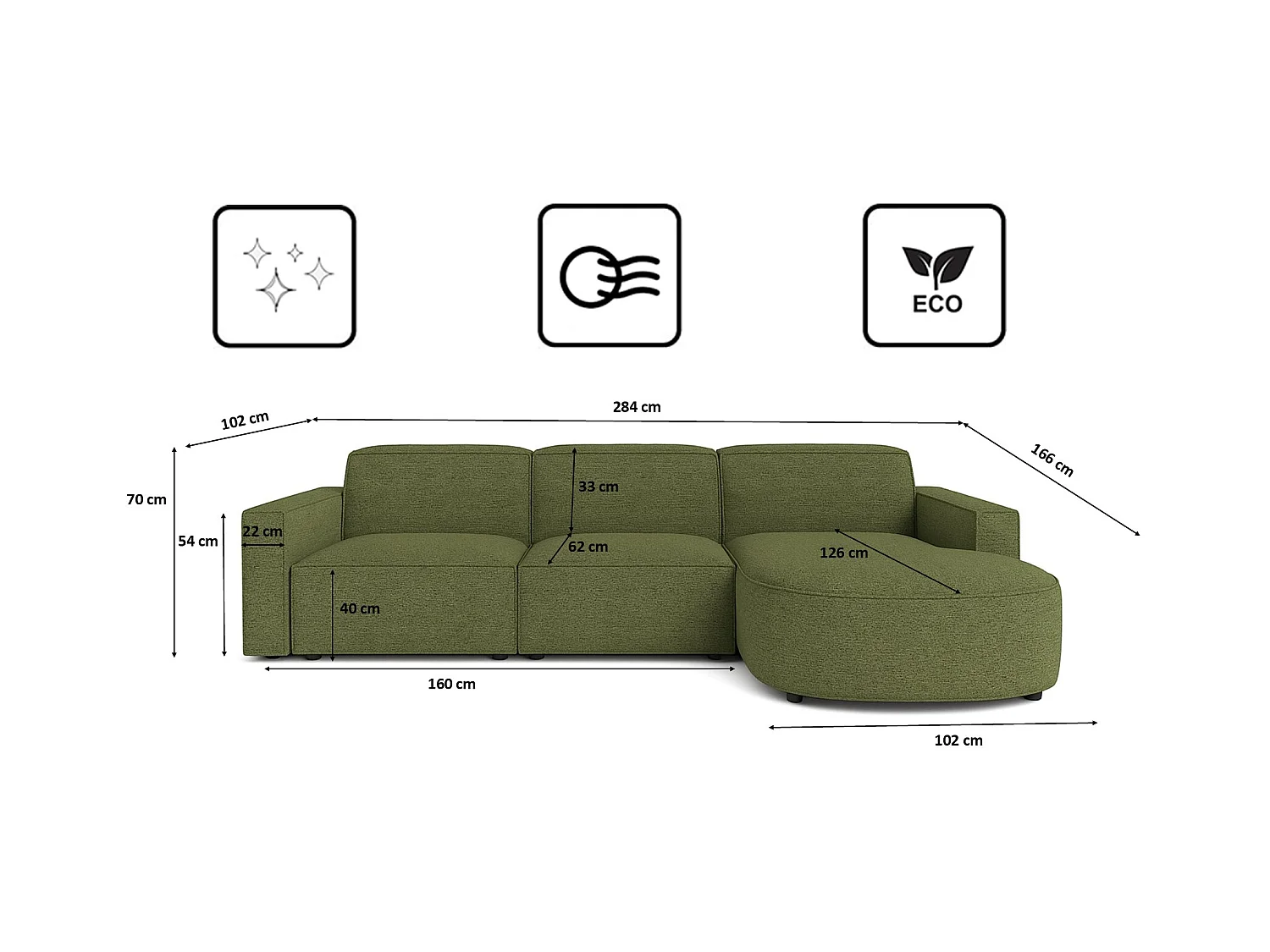Ecksofa L-Form Round Cursal, Stoff Artico, Moss, Rechts