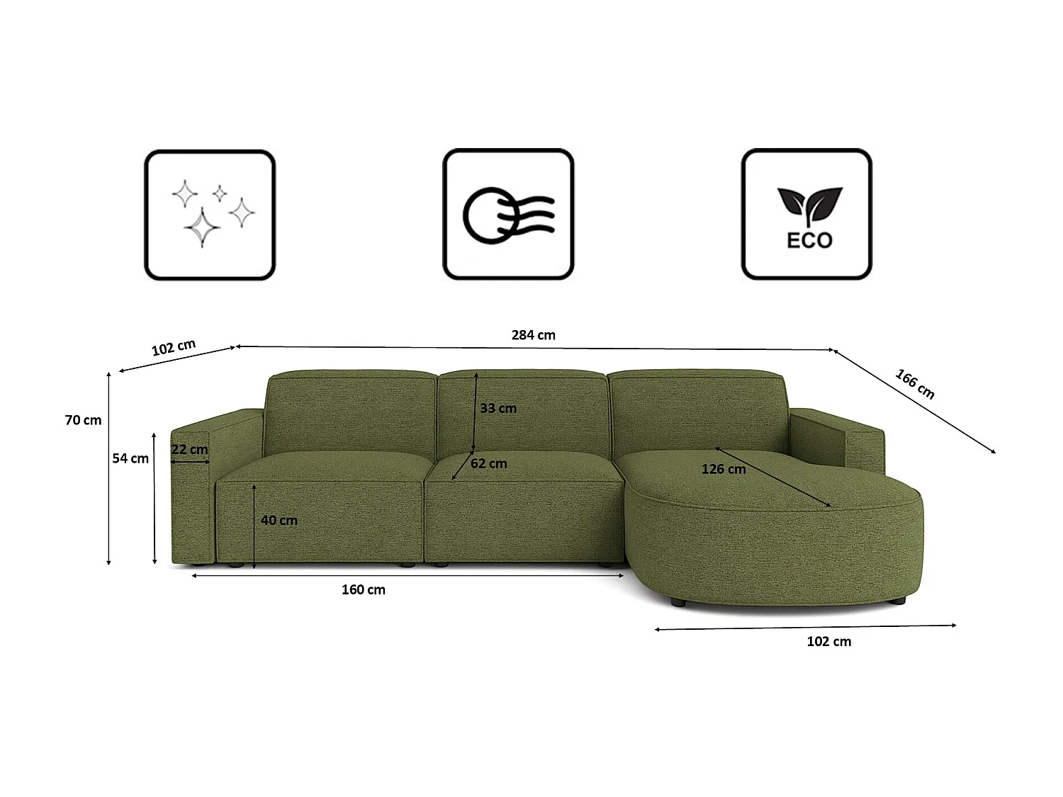 Ecksofa L-Form Round Cursal, Stoff Artico, Moss, Rechts