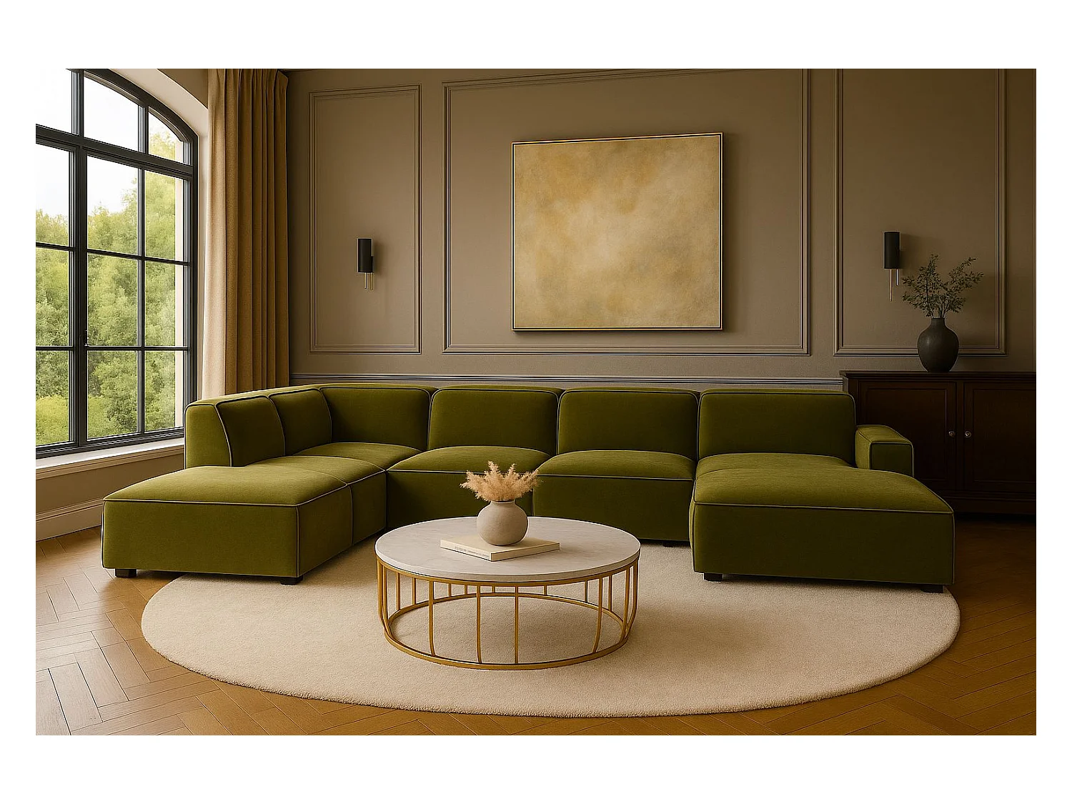 Canapé d'angle en U Cursal V, tissu Salvador, olive, gauche