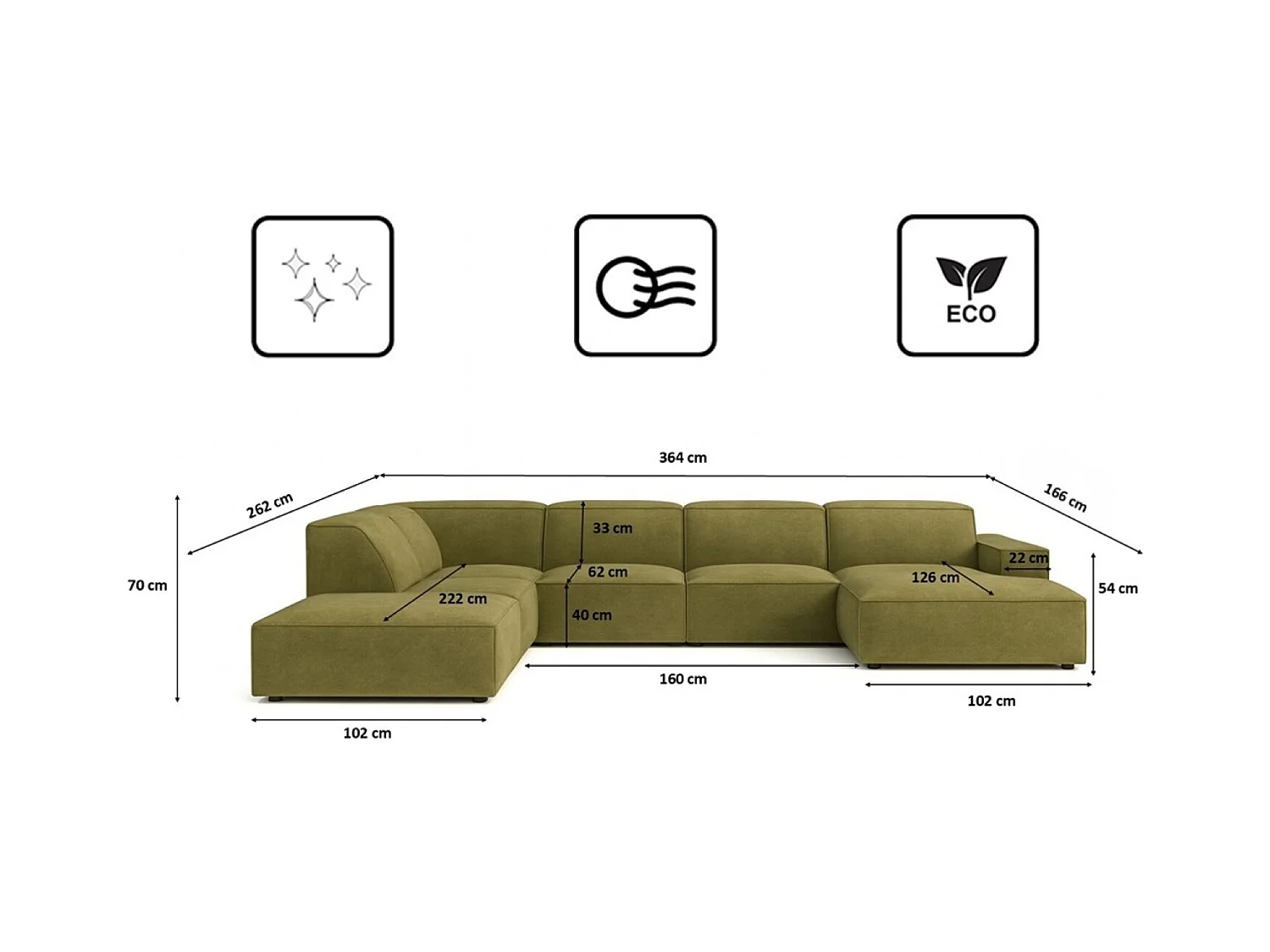 Canapé d'angle en U Cursal V, tissu Salvador, olive, gauche