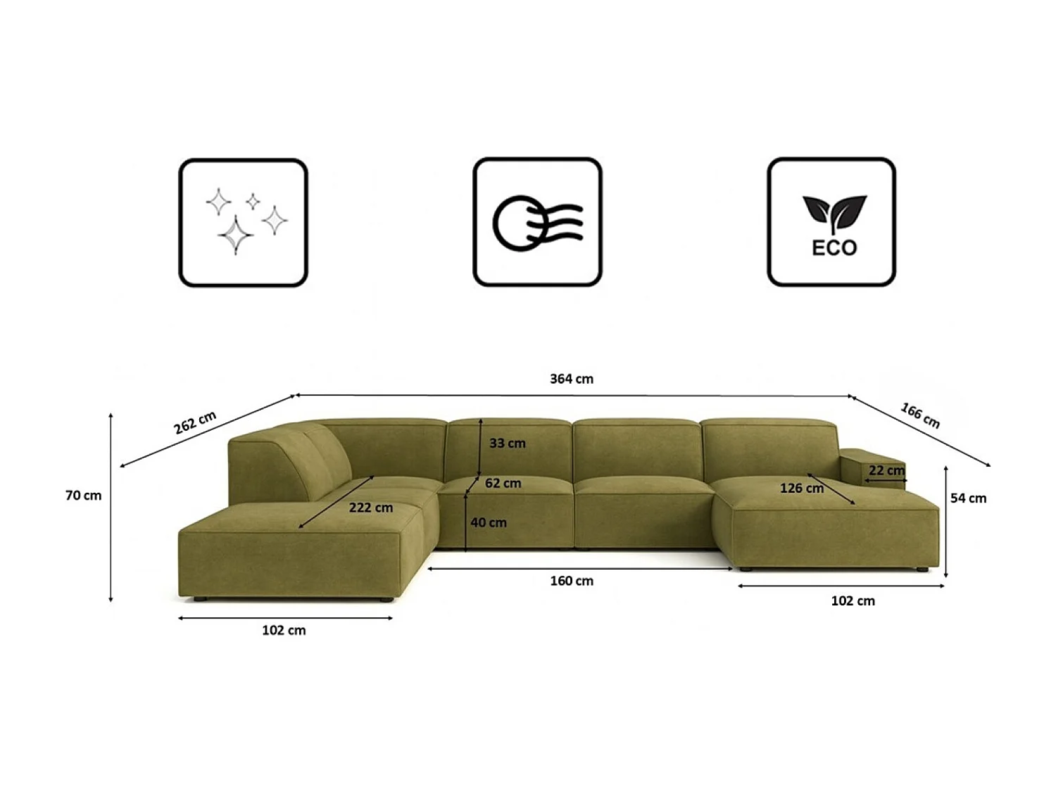 Narożnik w kształcie U Cursal V, tkanina Salvador, Oliwkowy, Lewy