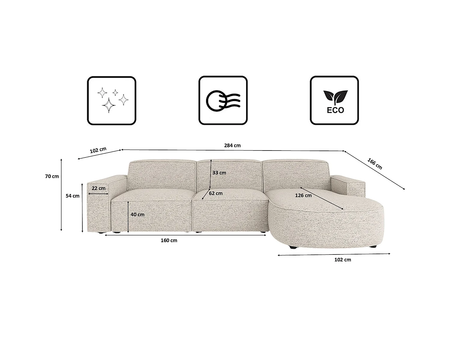 Hoekbank L-vorm Round Cursal, stof Artico, beige, rechts