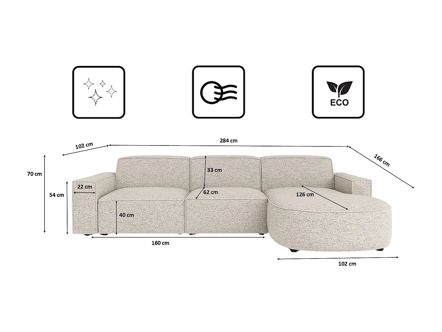 Canapé d'angle en L Round Cursal, tissu Artico, beige, droit