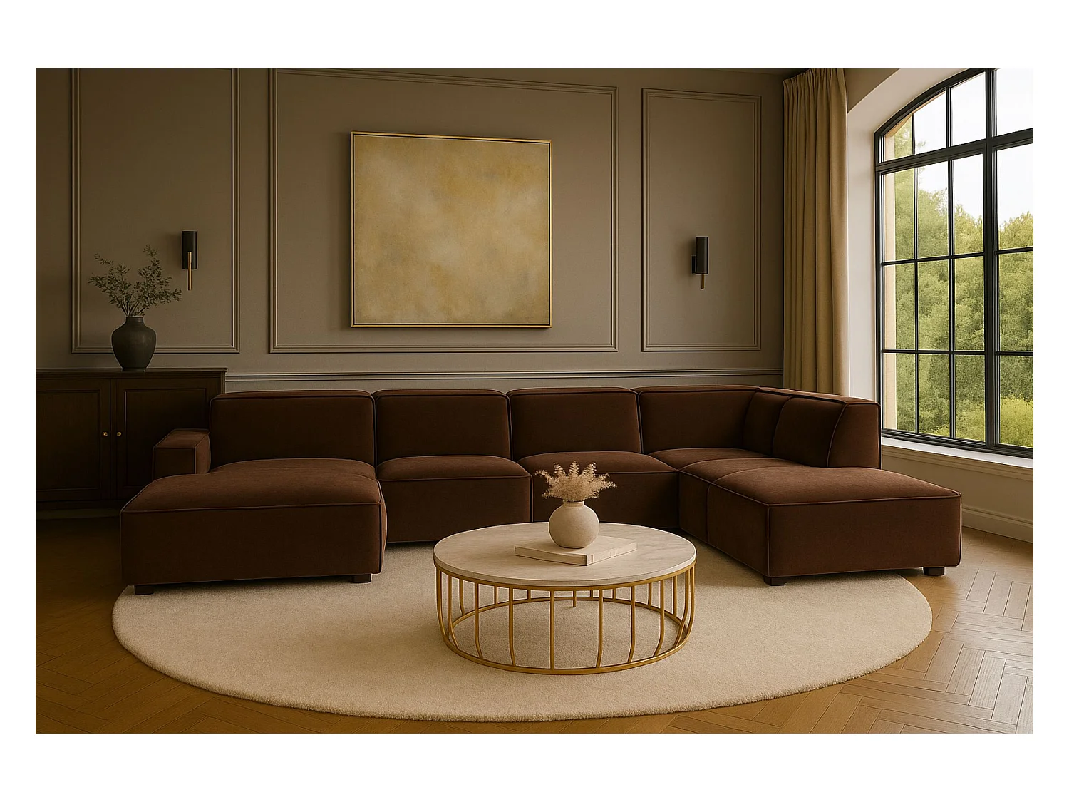 Canapé d'angle en U Cursal V, tissu Salvador, marron foncé, droit