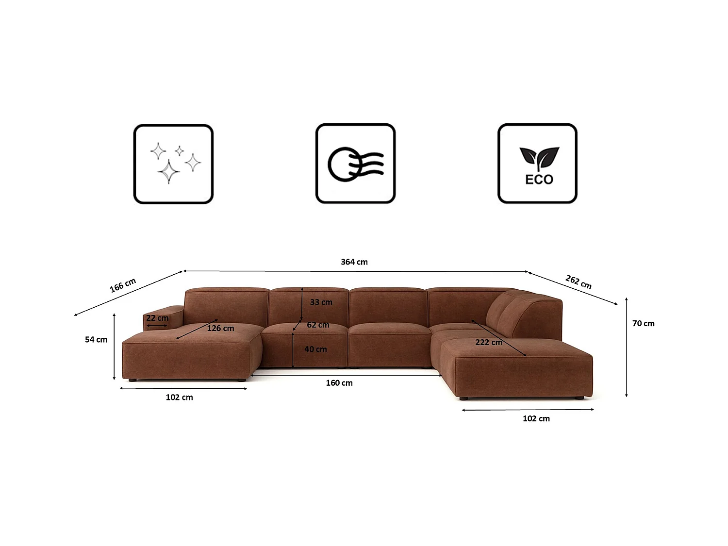 Ecksofa U-Form Cursal V, Stoff Salvador, Dunkelbraun, Rechts