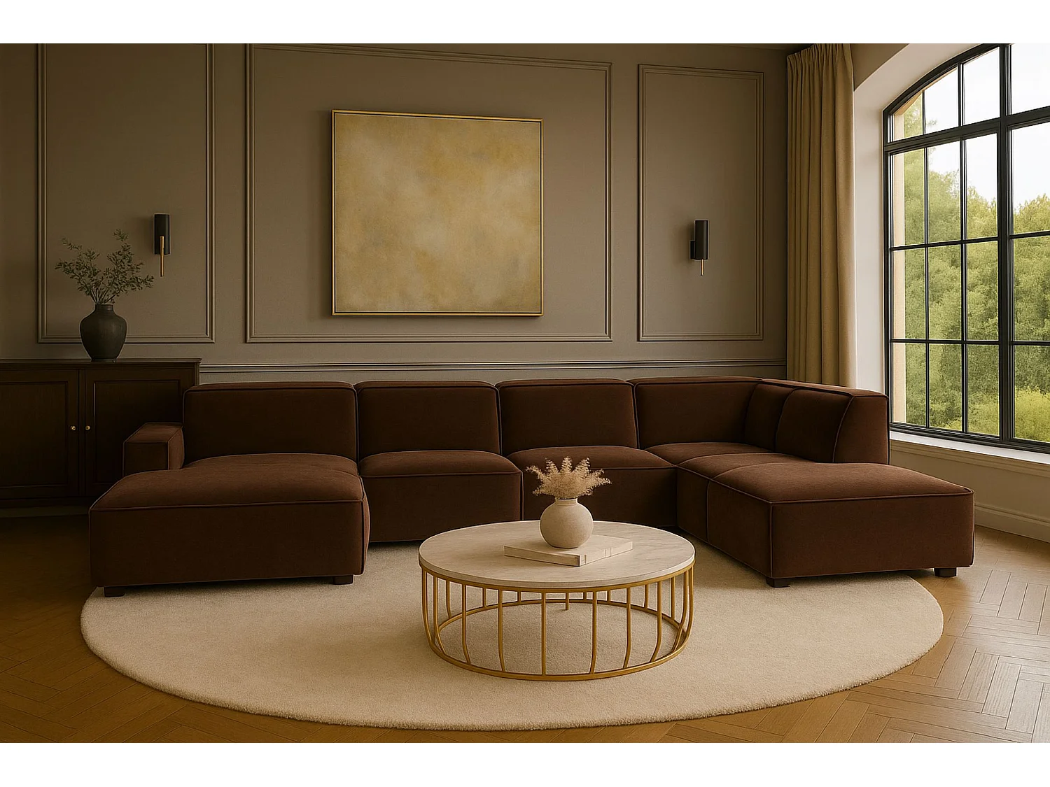 Canapé d'angle en U Cursal V, tissu Salvador, marron foncé, droit