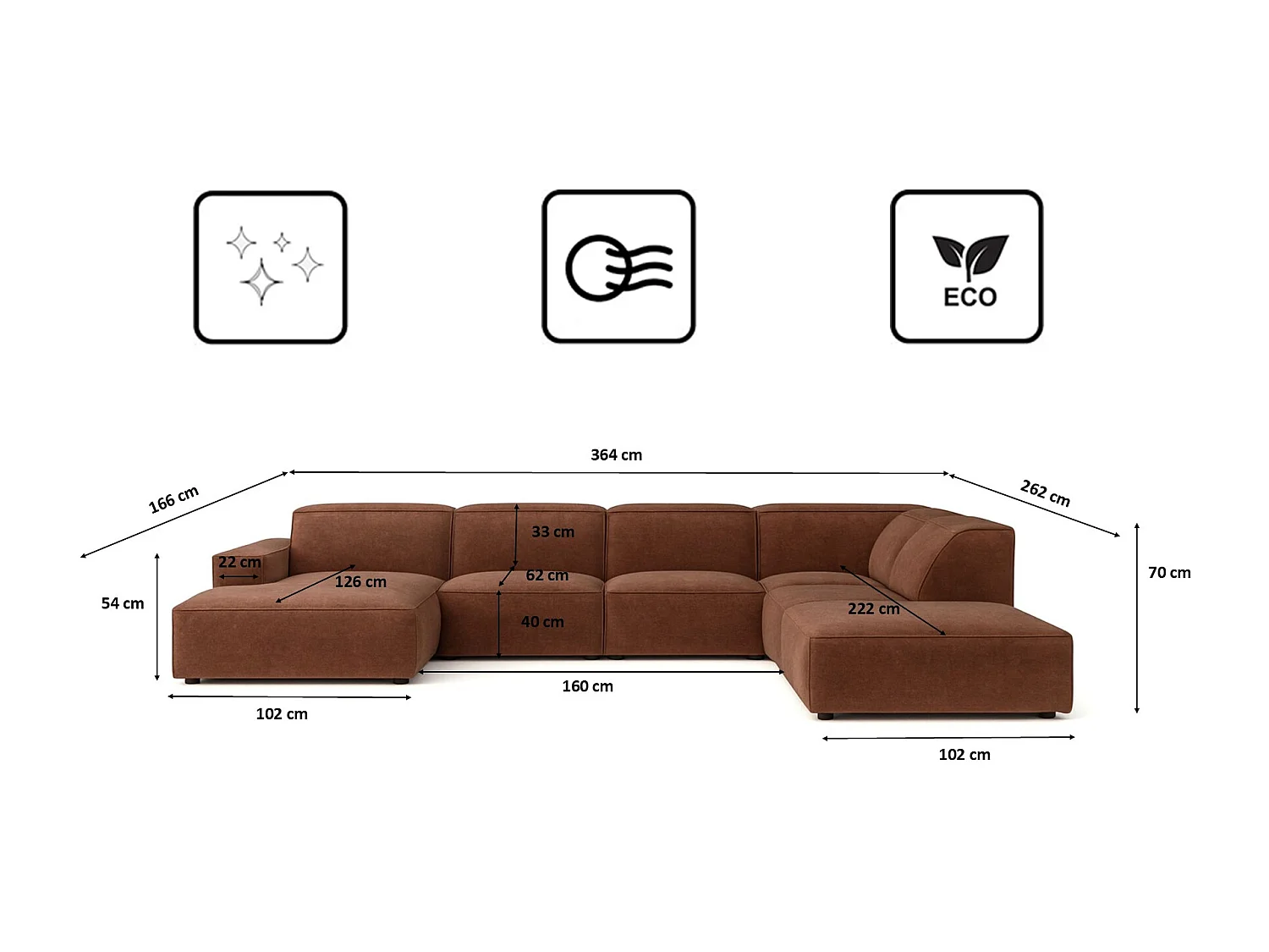 Canapé d'angle en U Cursal V, tissu Salvador, marron foncé, droit