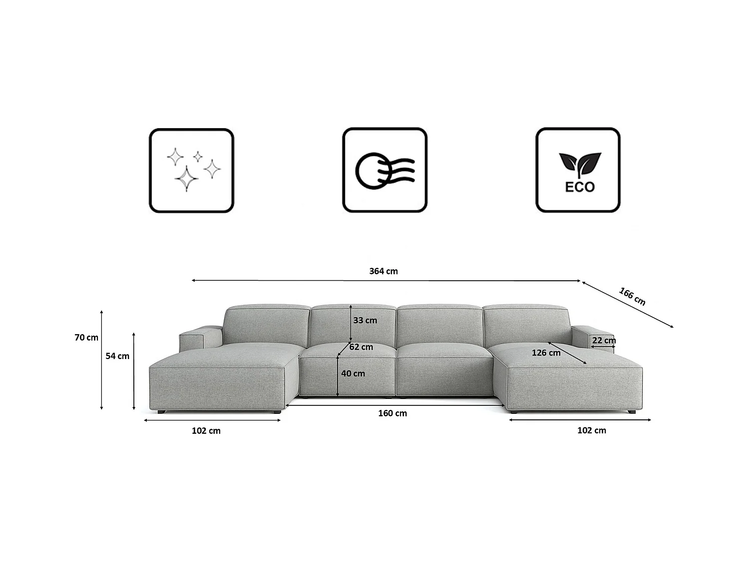 Ecksofa U-Form Cursal, Stoff Artico, Cement