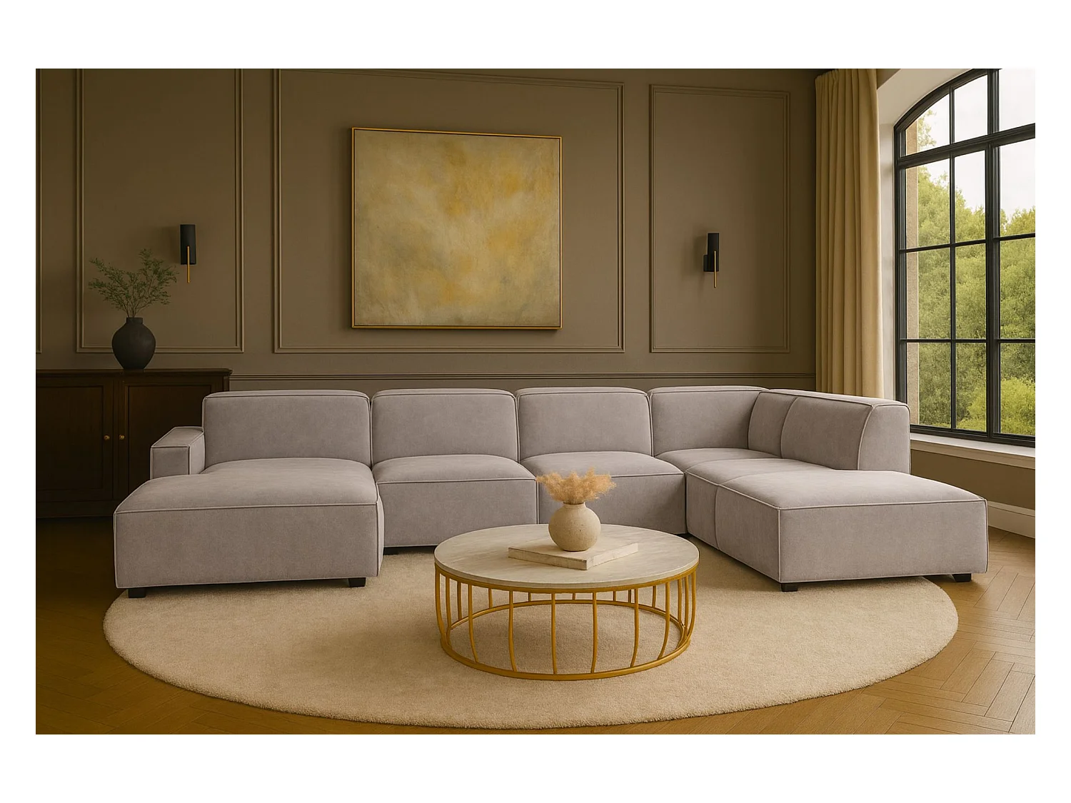 Canapé d'angle en U Cursal V, tissu Salvador, gris, droit