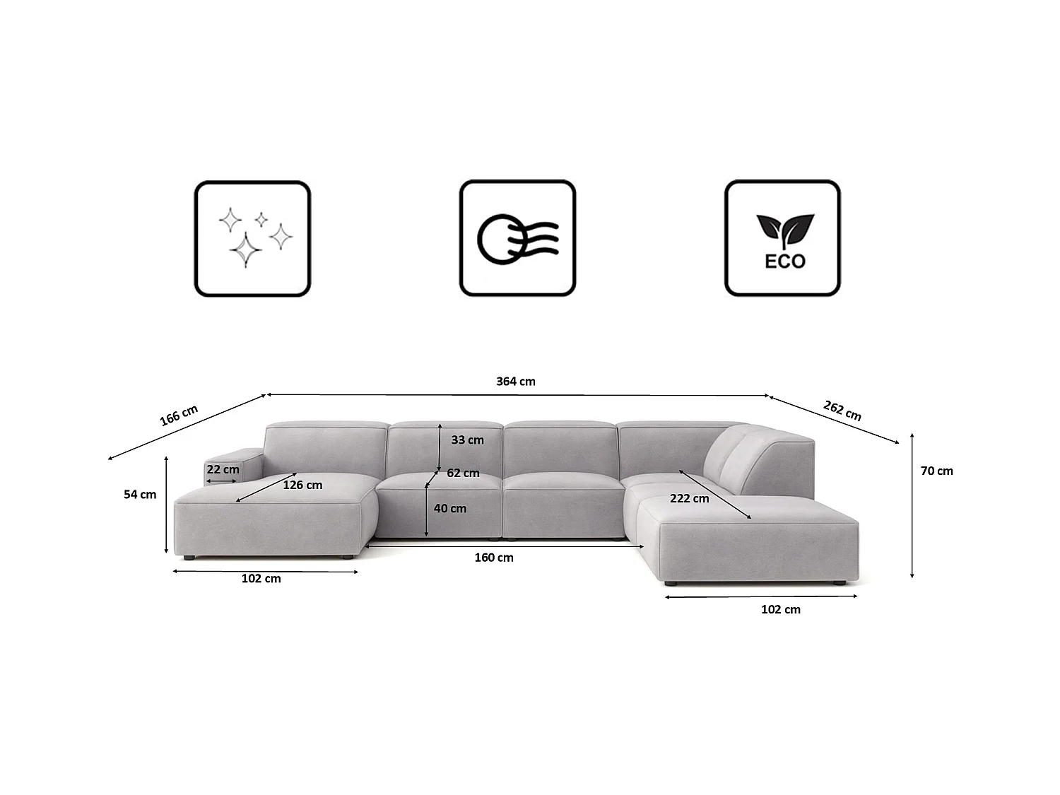 Canapé d'angle en U Cursal V, tissu Salvador, gris, droit