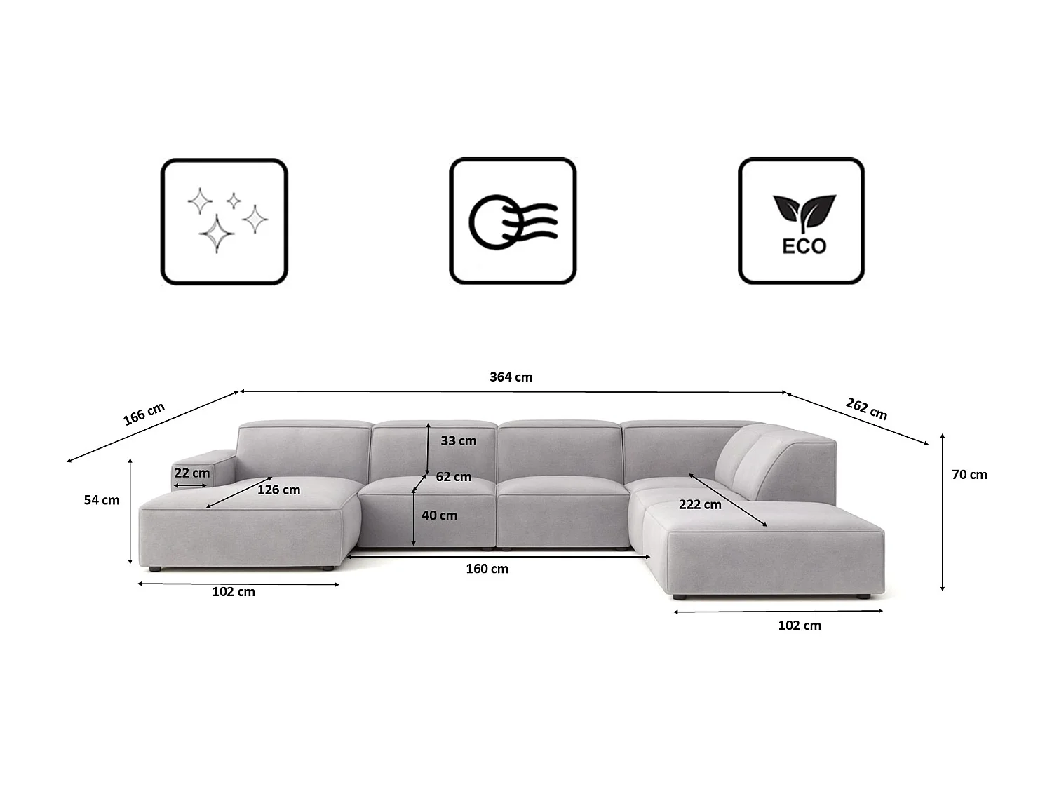 Canapé d'angle en U Cursal V, tissu Salvador, gris, droit