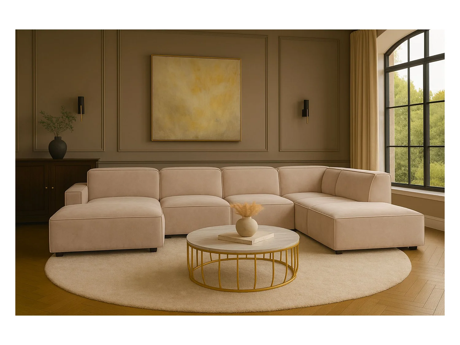 Canapé d'angle en U Cursal V, tissu Salvador, beige, droit