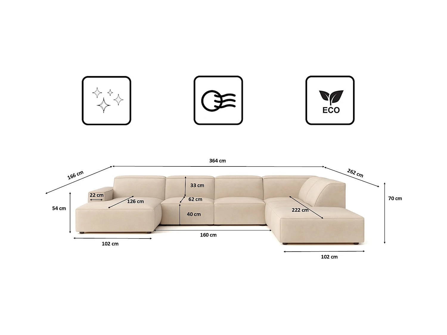 Canapé d'angle en U Cursal V, tissu Salvador, beige, droit