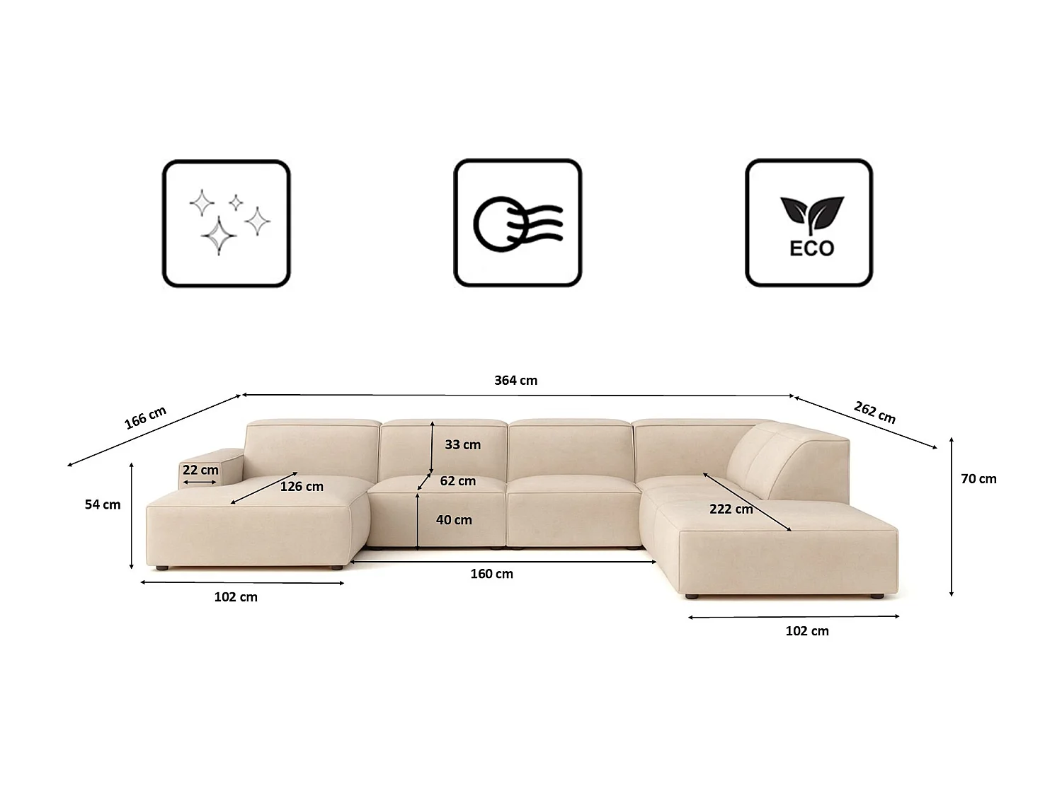 Canapé d'angle en U Cursal V, tissu Salvador, beige, droit