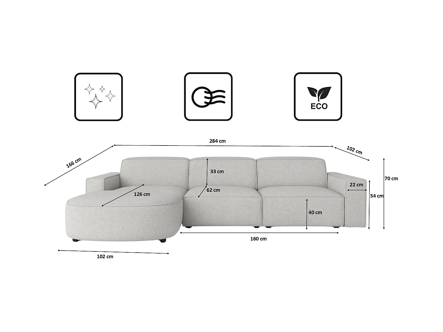 Canapé d'angle L-form Round Cursal, tissu Artico, Ciment, gauche