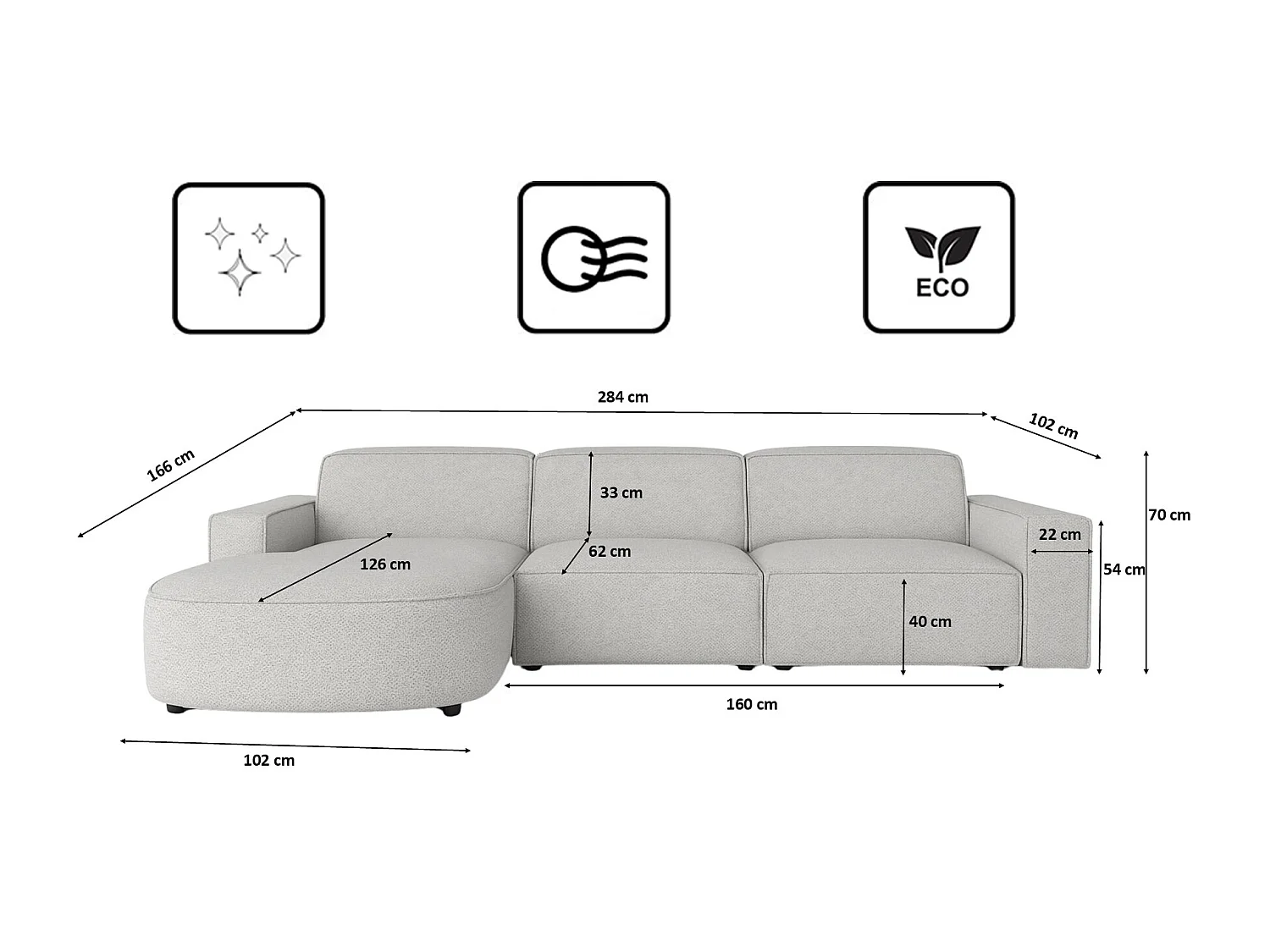 Hoekbank L-vorm Round Cursal, stof Artico, cement, links